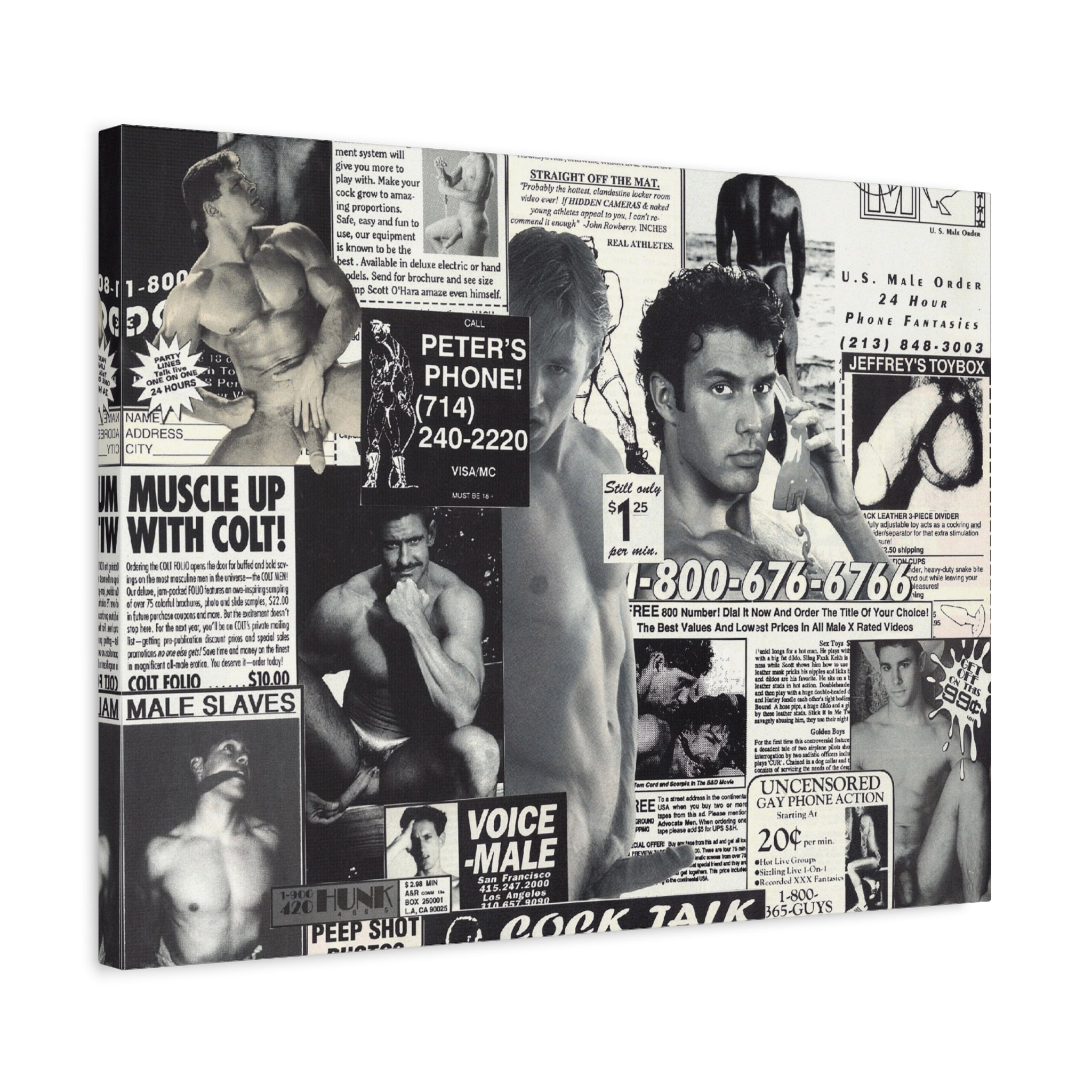 Vintage Male Ads Collage Matte Canvas Print — Retro Gym & Pinup Wall Art