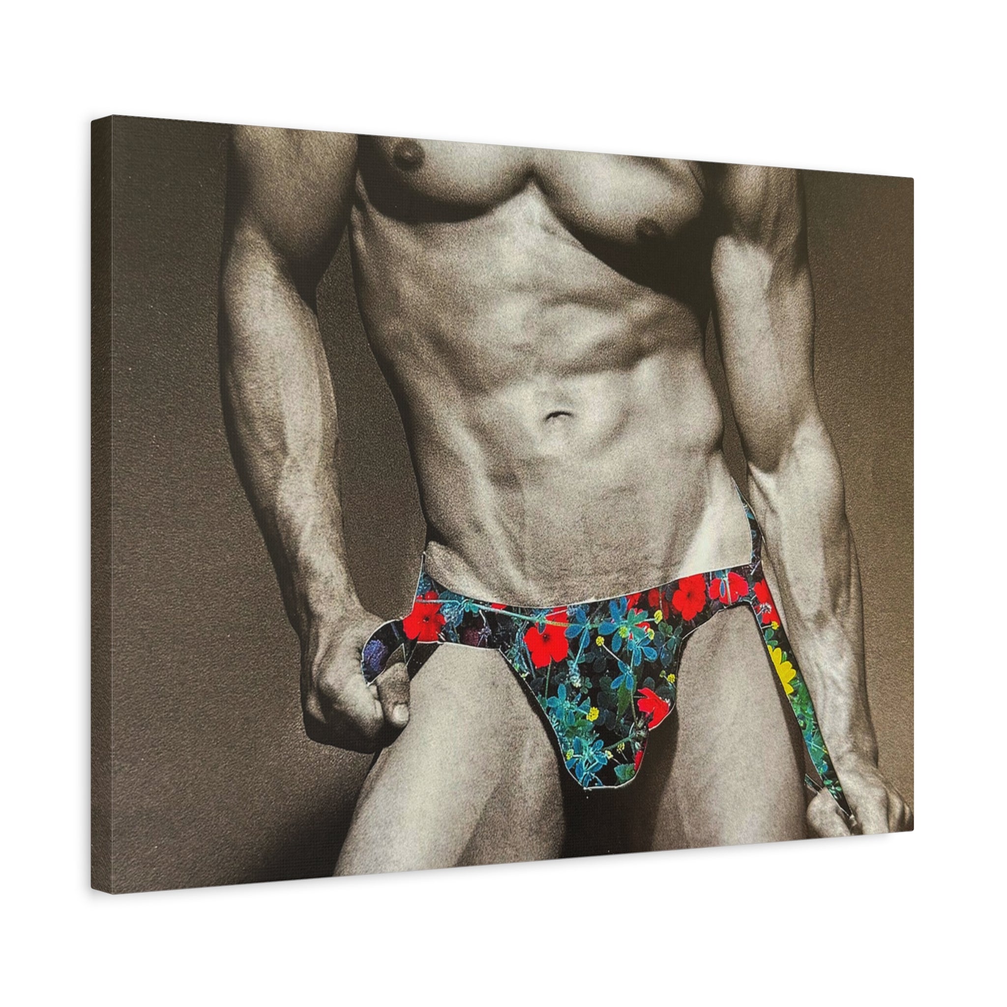Male Pin-Up Art Canvas Print — Vintage Bodybuilder in Floral Swimwear (Matte Stretched 1.25")