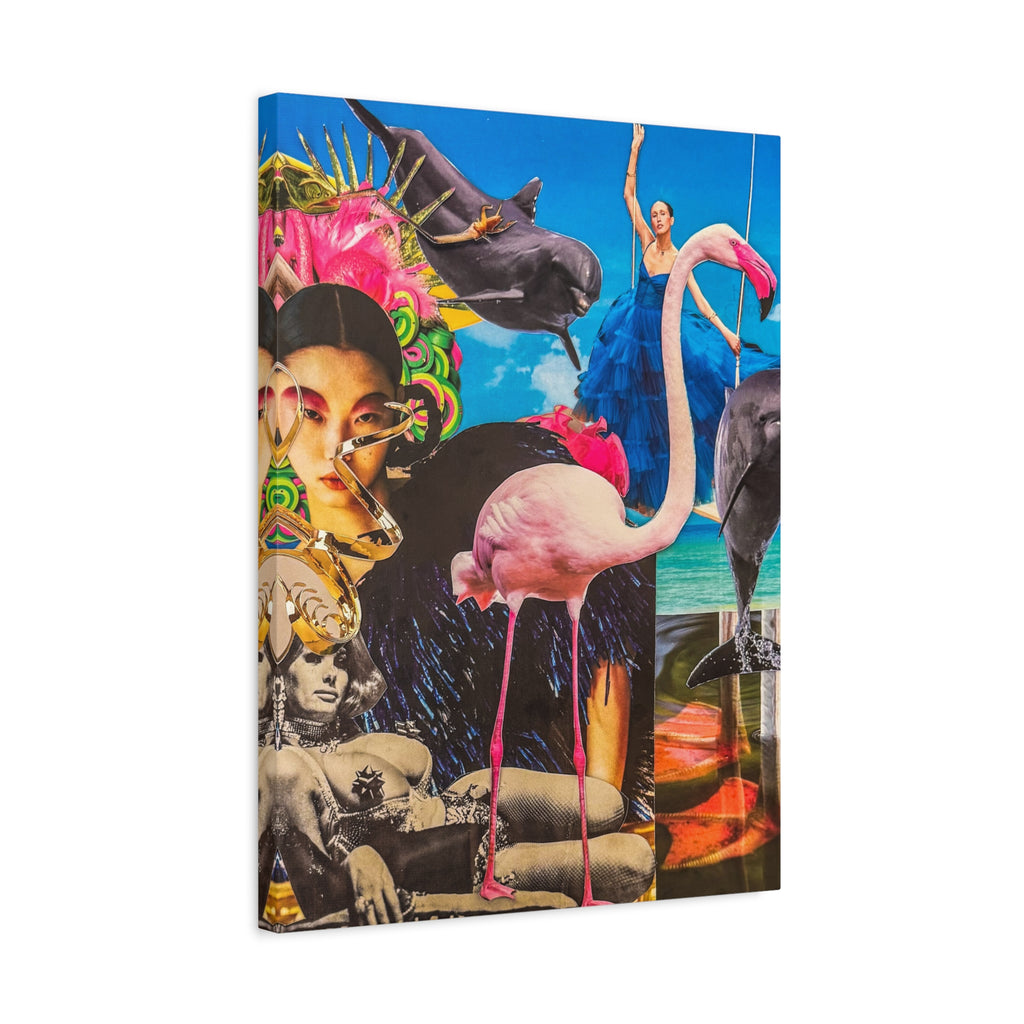 Surreal Tropical Collage Canvas Print — Flamingo & Retro Portrait Wall Art