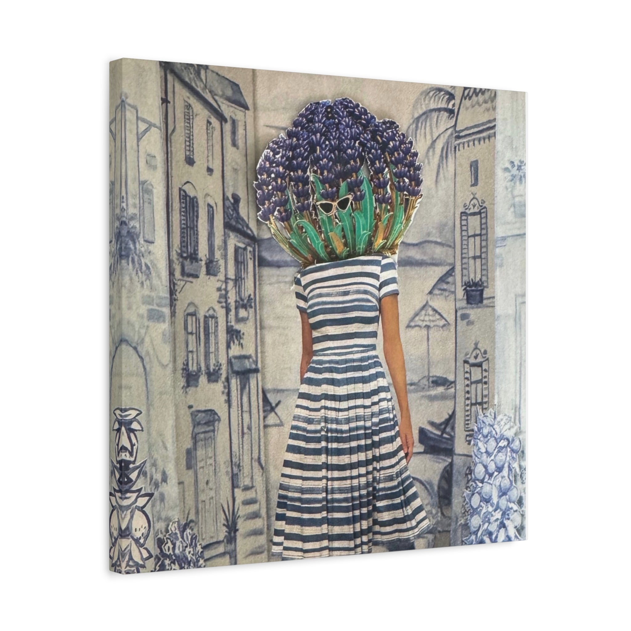 Botanical Head Woman Canvas Print — Vintage Street Scene Wall Art