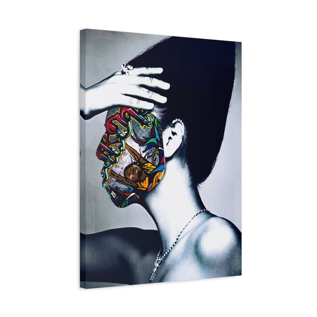 Portrait Canvas Art — Monochrome Woman with Colorful Tattoo Face, Modern Wall Art Print