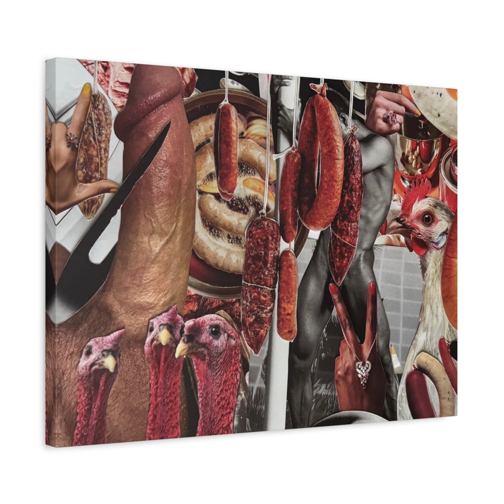 Kitchen Collage Canvas — Surreal Turkey & Sausage Art Print