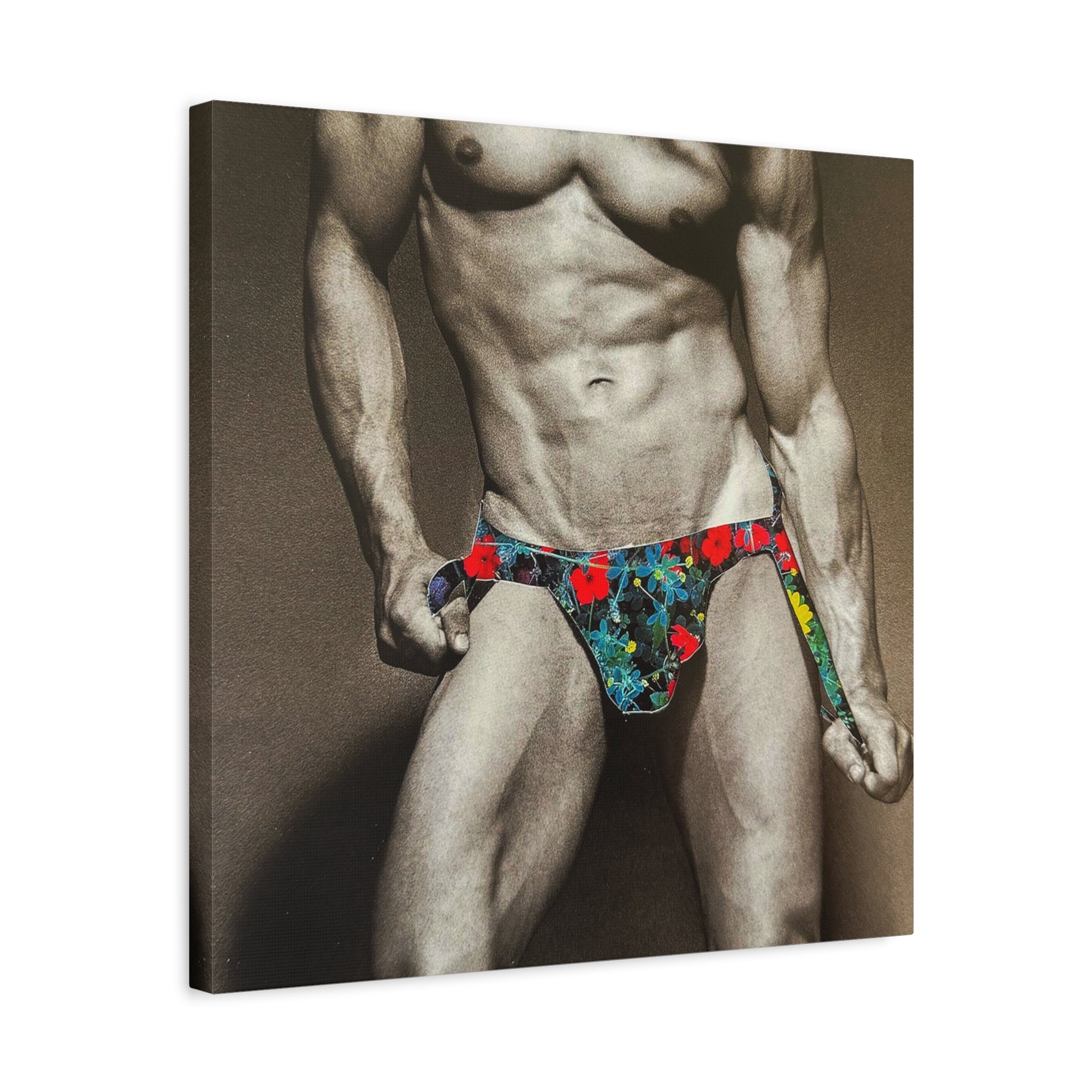Male Pin-Up Art Canvas Print — Vintage Bodybuilder in Floral Swimwear (Matte Stretched 1.25")