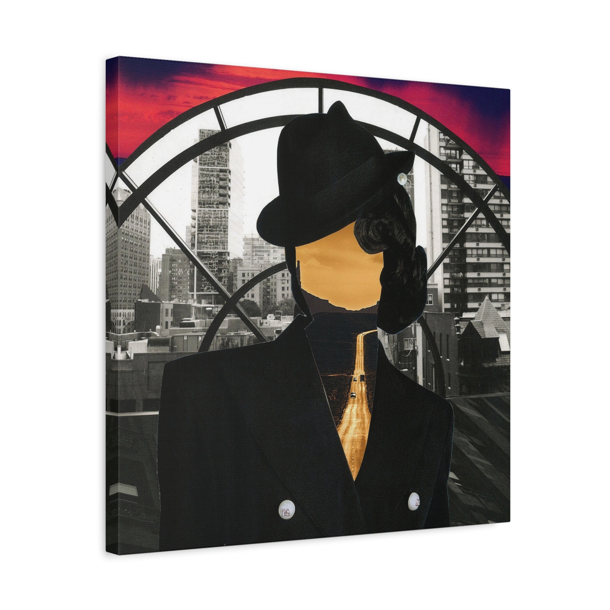 Surreal Cityscape Canvas Art — Faceless Figure with Sunset Road