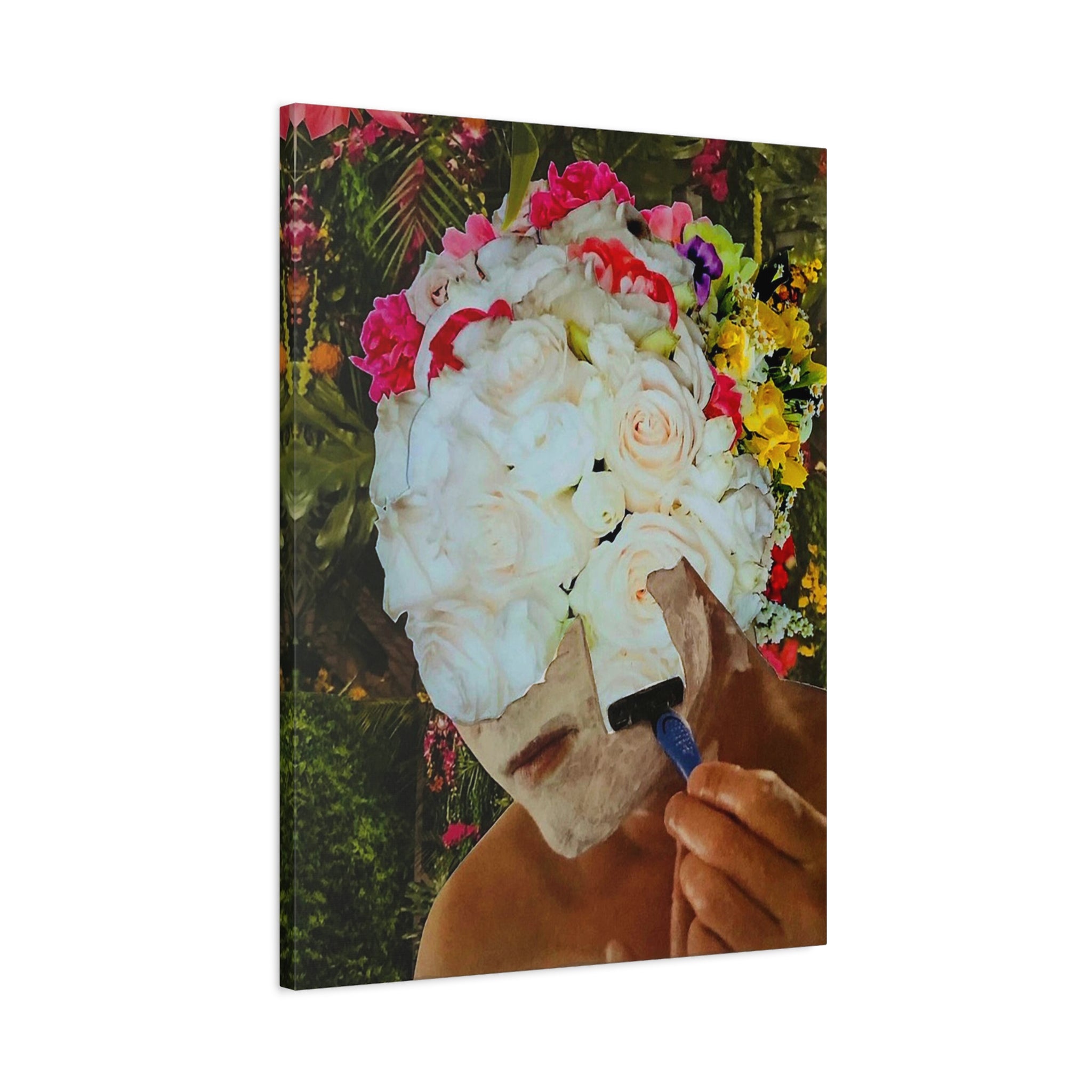 Floral Face Canvas Art — Surreal Bouquet Portrait on Matte Stretched Canvas