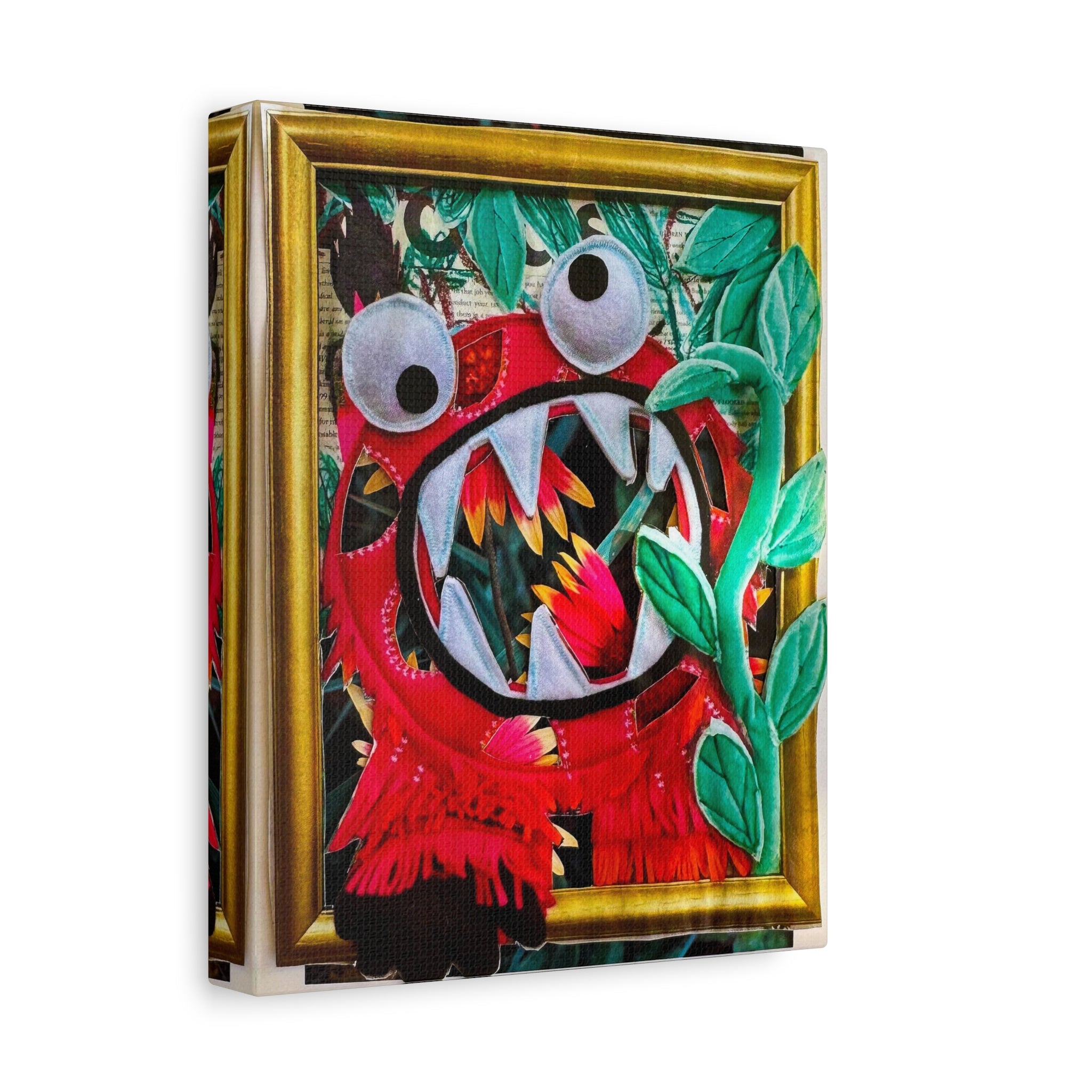 Playful Monster Art Canvas – Red Monster with Leaves Stretched Matte Print