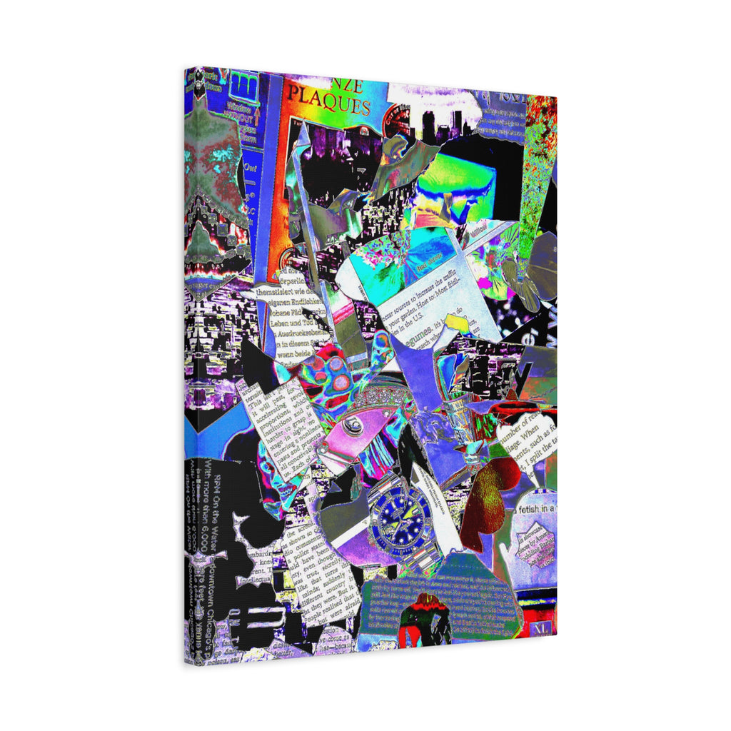 Abstract Collage Matte Canvas Print — Vibrant Glitch Art with Text Elements