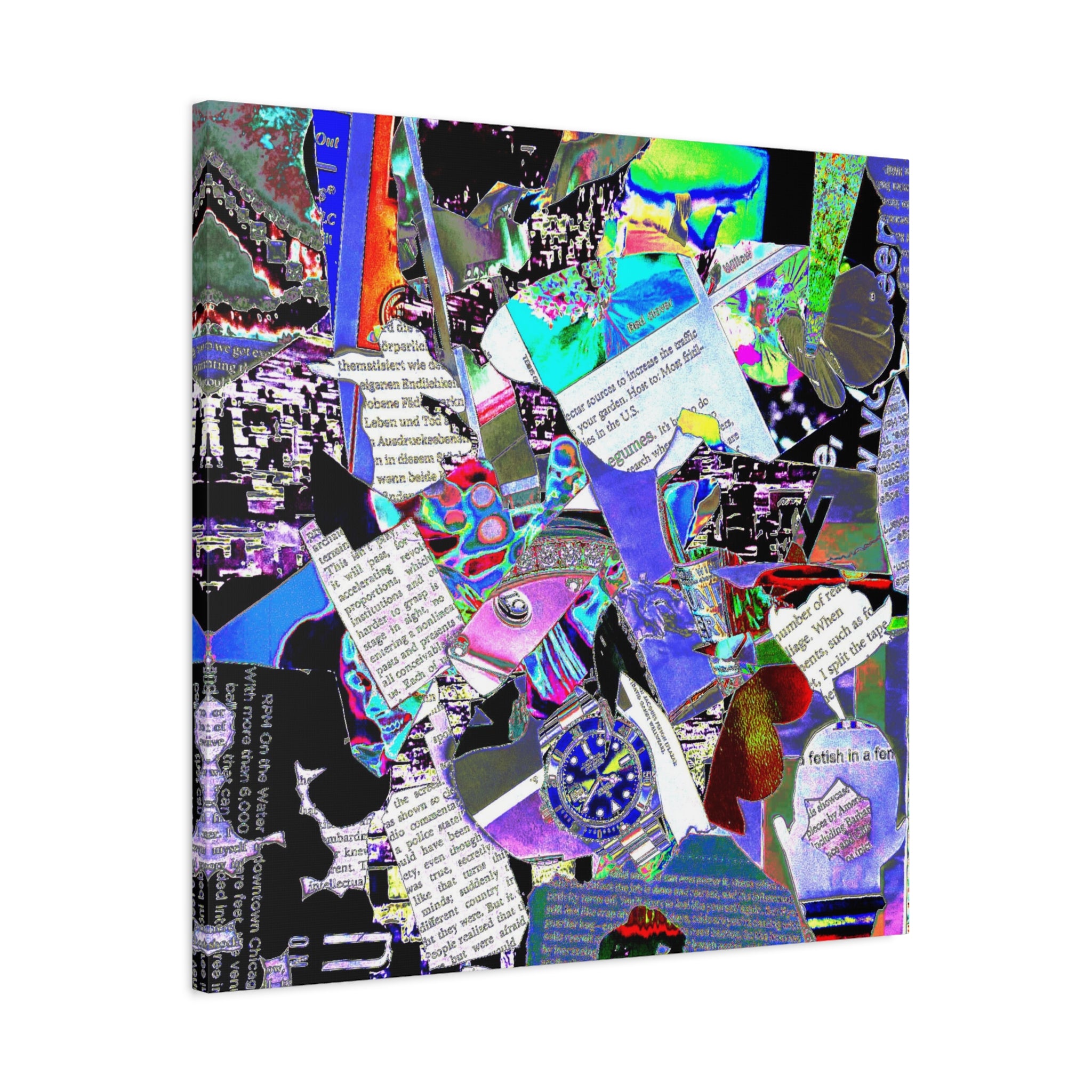 Abstract Collage Matte Canvas Print — Vibrant Glitch Art with Text Elements
