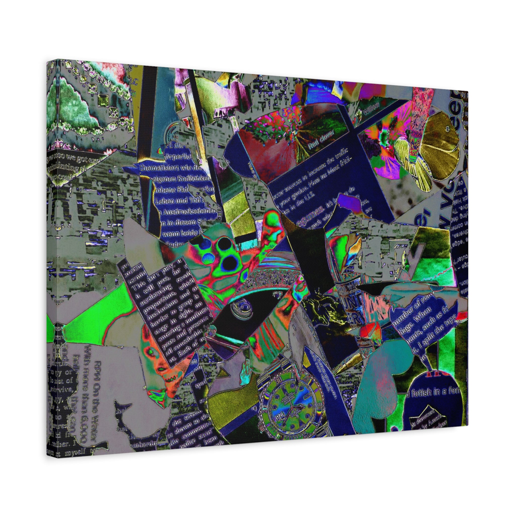 Abstract Collage Matte Canvas Print — Neon Newspaper Mixed-Media Art (Stretched 1.25")