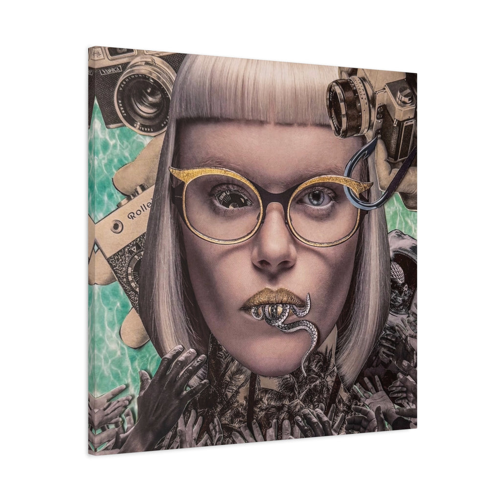 Surreal Portrait Canvas Art — Retro Camera & Golden Glasses