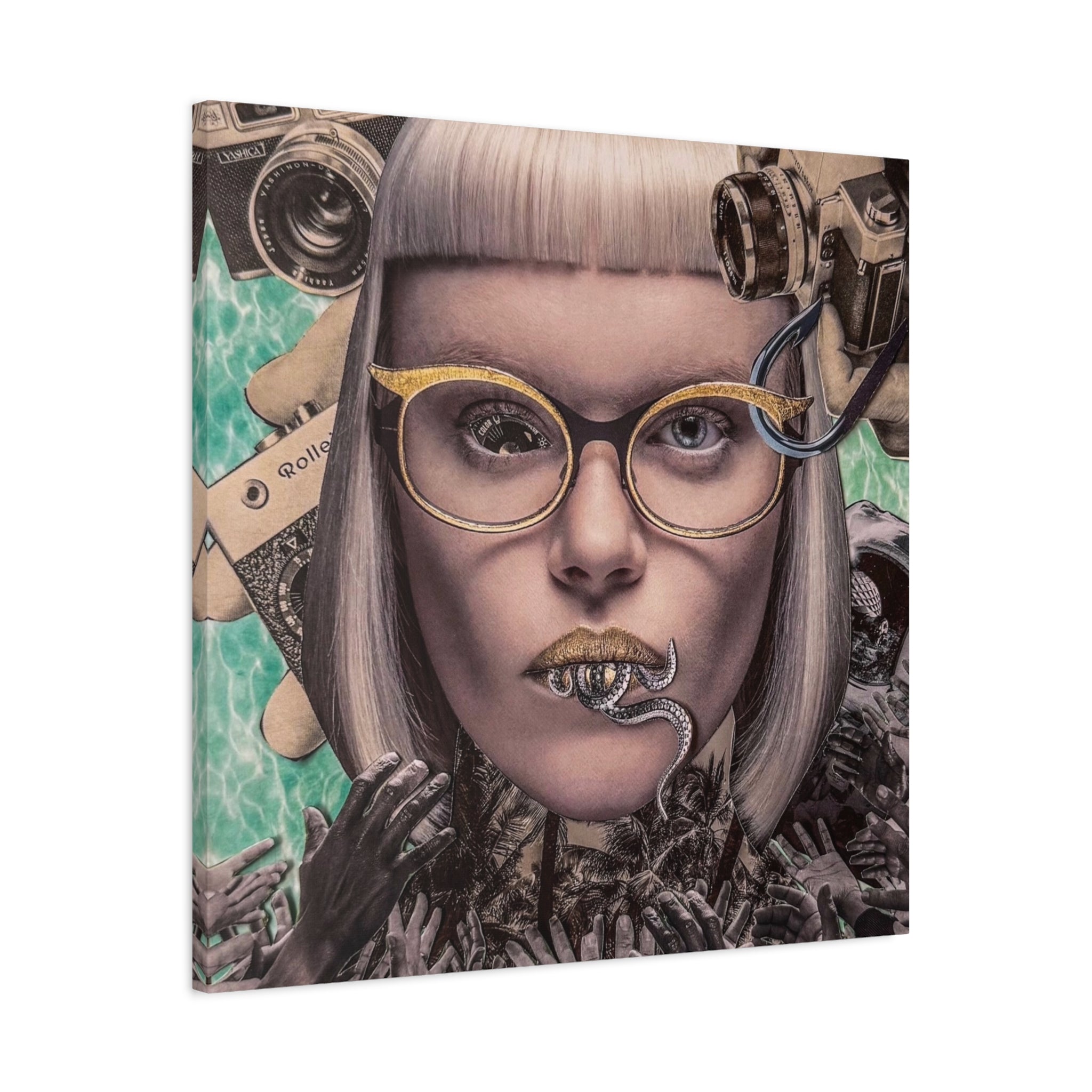 Surreal Portrait Canvas Art — Retro Camera & Golden Glasses