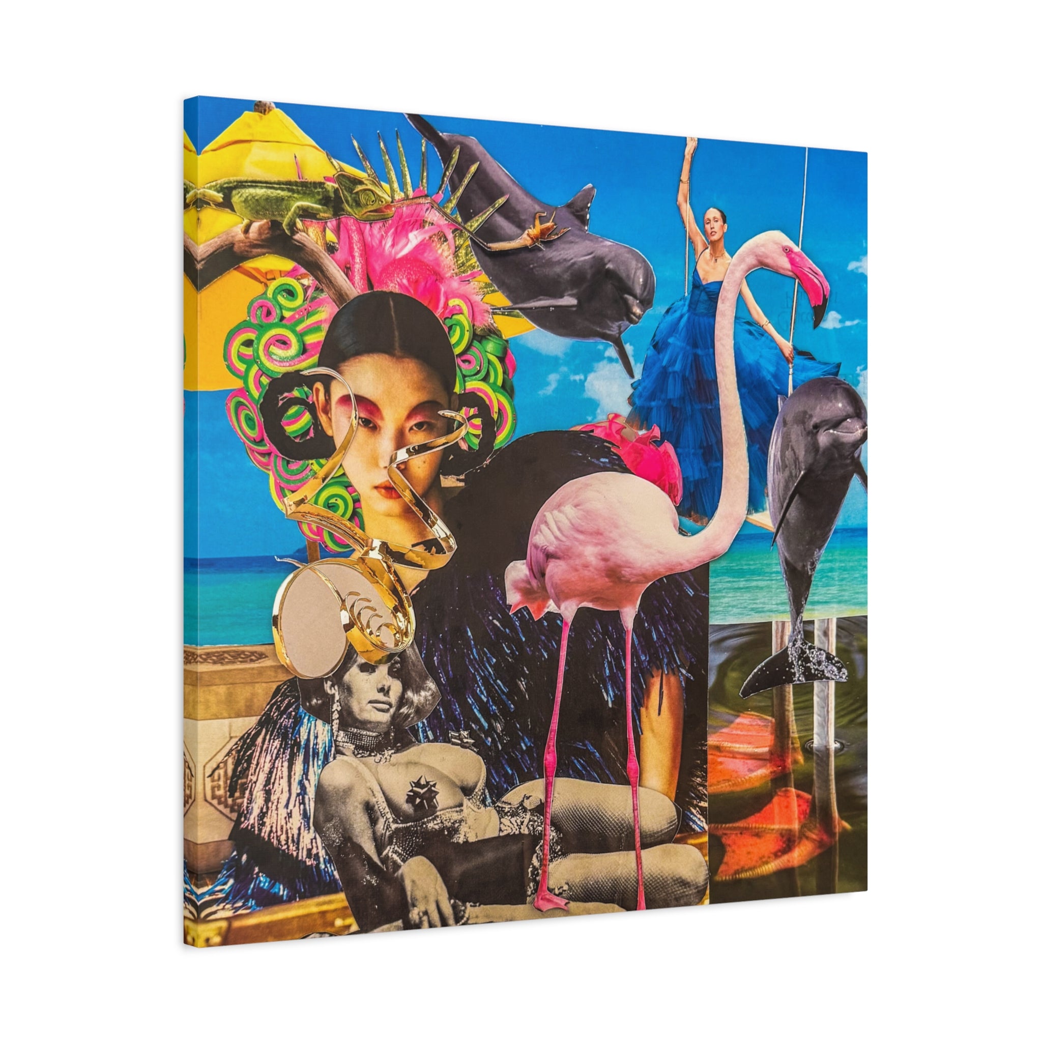 Surreal Tropical Collage Canvas Print — Flamingo & Retro Portrait Wall Art