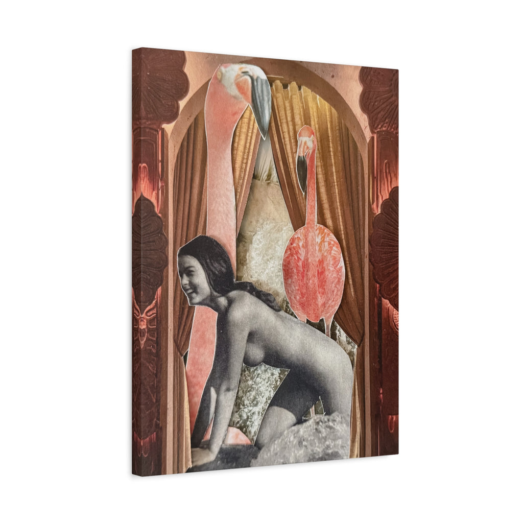 Surreal Flamingo Collage Canvas Art — Retro Nude Figure Wall Print