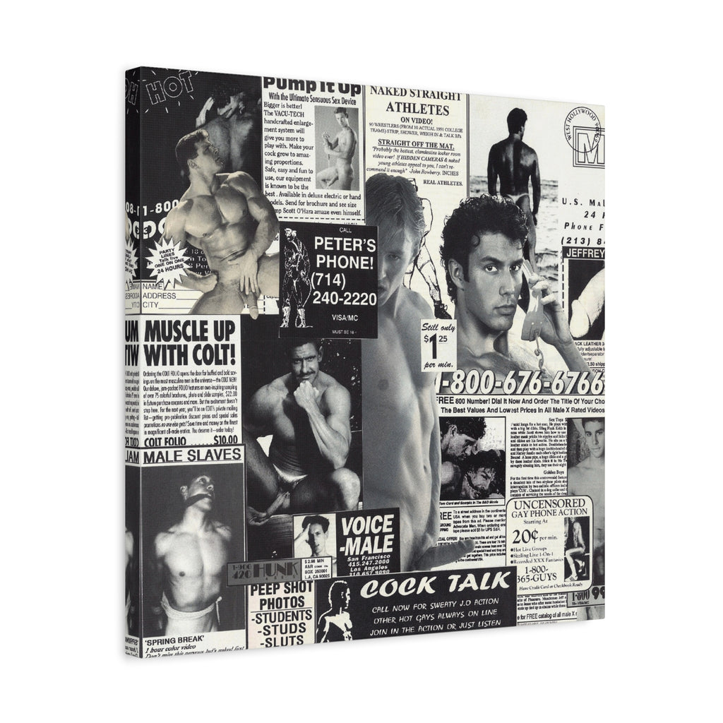 Vintage Male Ads Collage Matte Canvas Print — Retro Gym & Pinup Wall Art