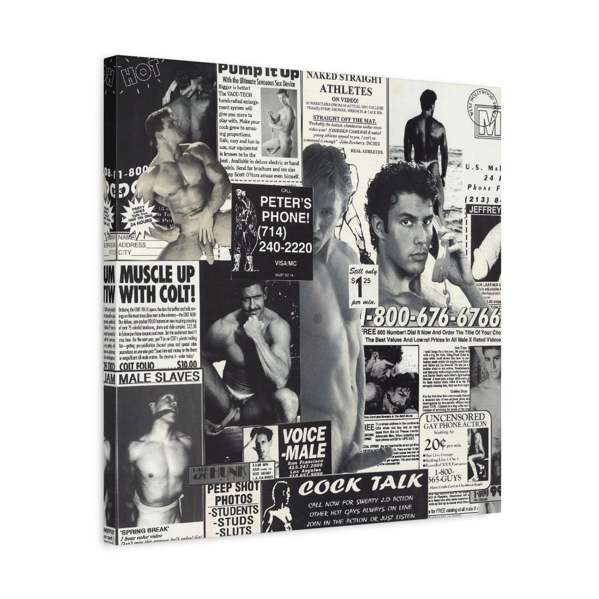 Vintage Male Ads Collage Matte Canvas Print — Retro Gym & Pinup Wall Art