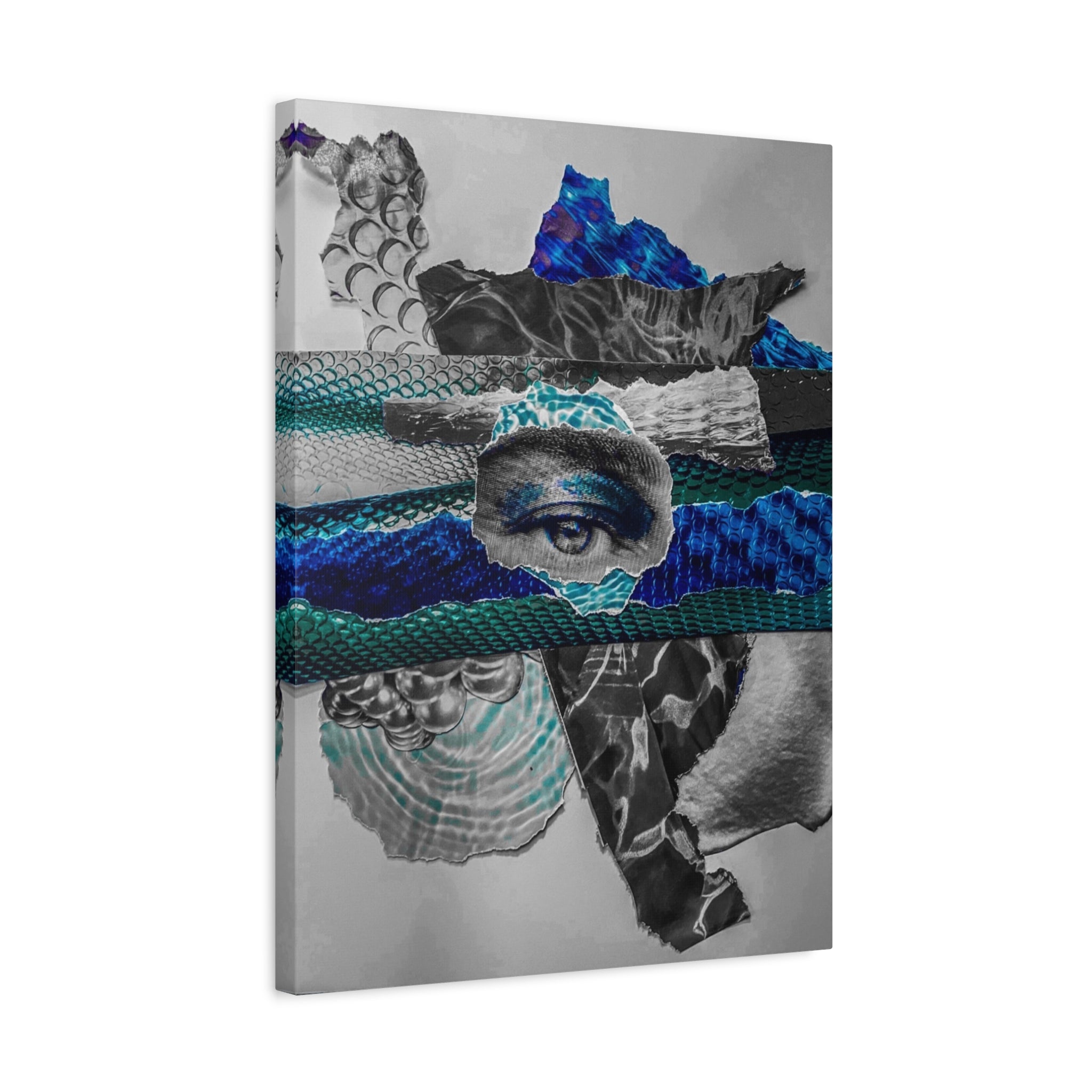 Surreal Eye Collage Matte Canvas Art – Blue Mixed Media Wall Decor