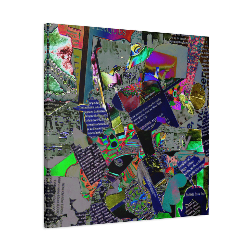 Abstract Collage Matte Canvas Print — Neon Newspaper Mixed-Media Art (Stretched 1.25")