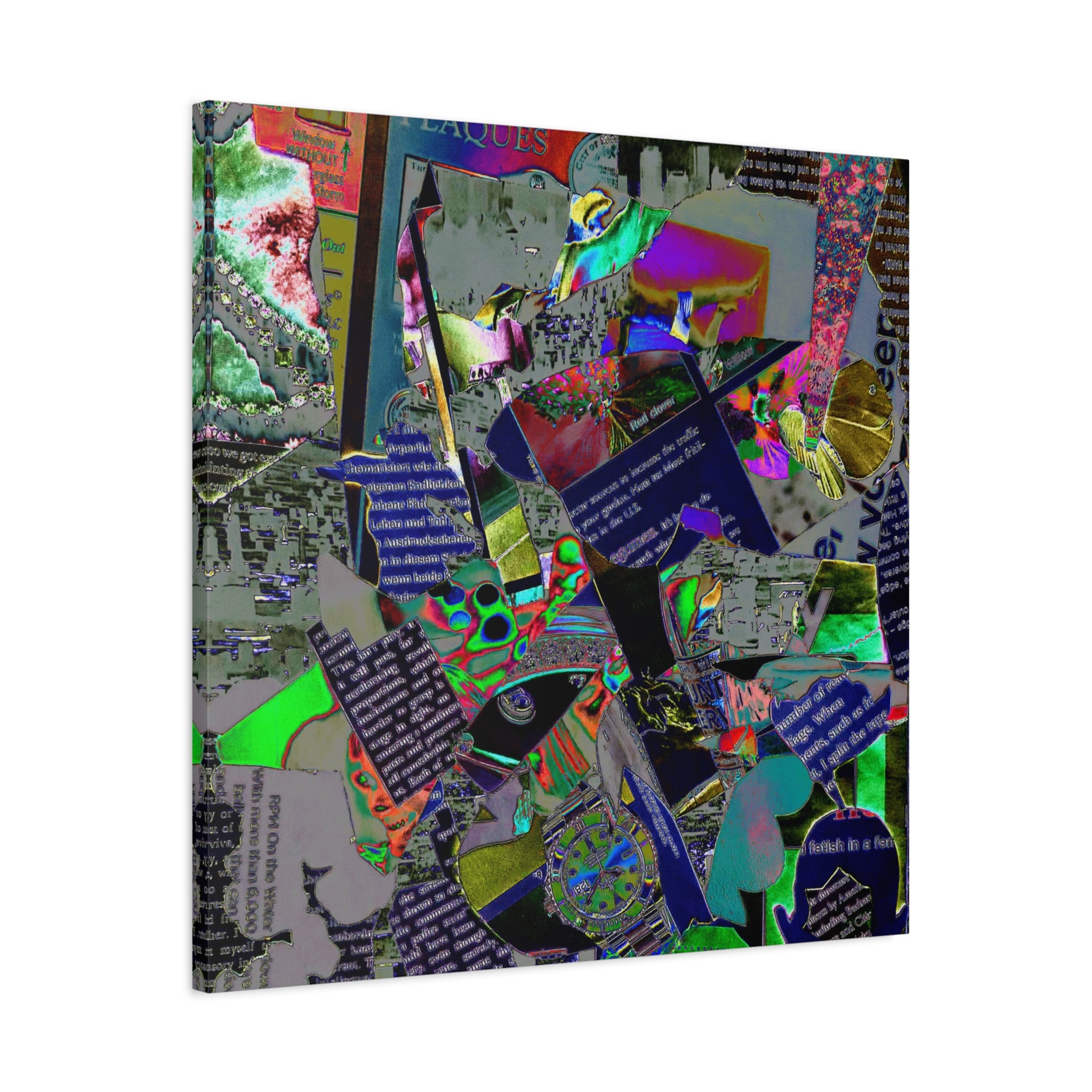 Abstract Collage Matte Canvas Print — Neon Newspaper Mixed-Media Art (Stretched 1.25")