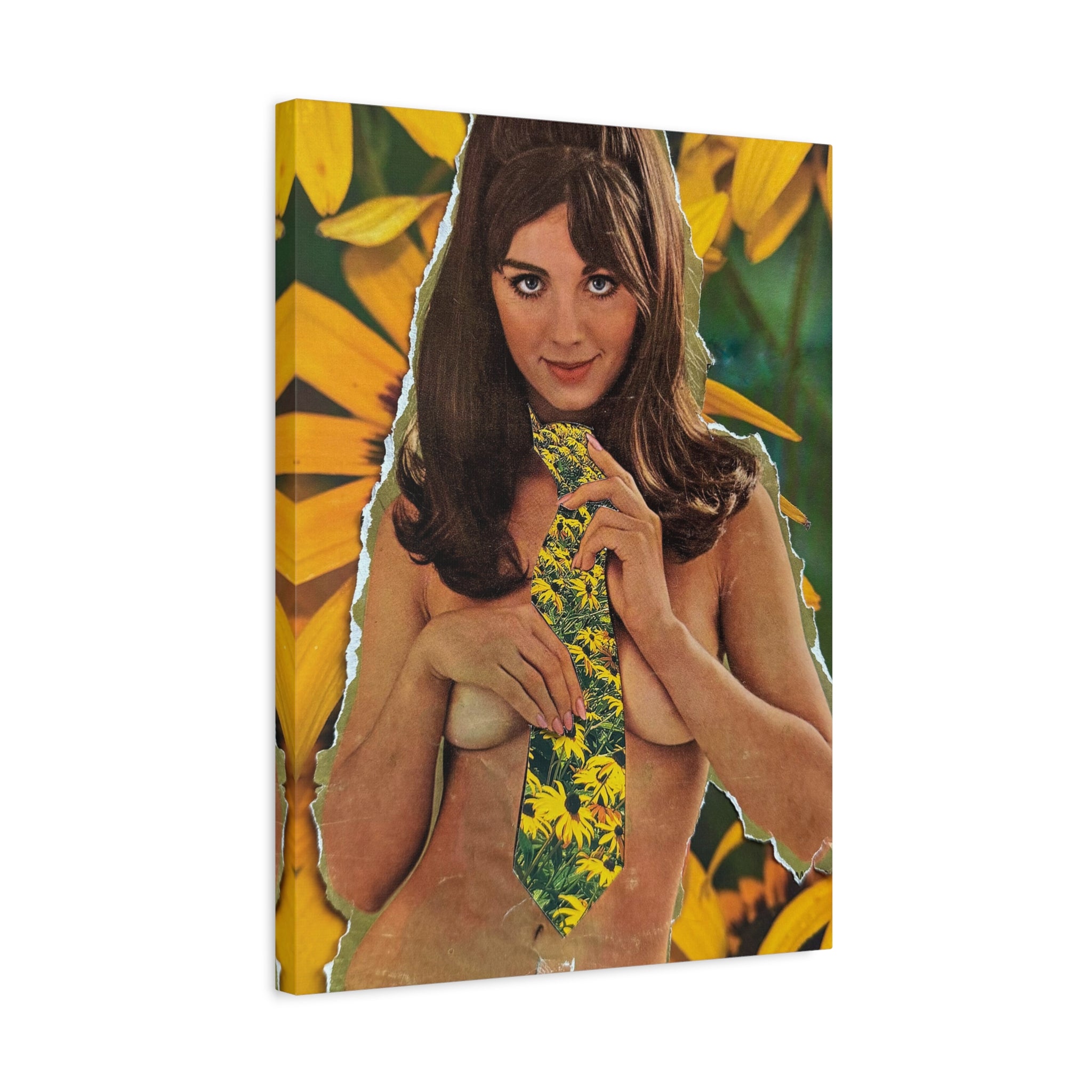 Vintage Collage Canvas Art — Floral Tie Pin-Up Stretched Matte