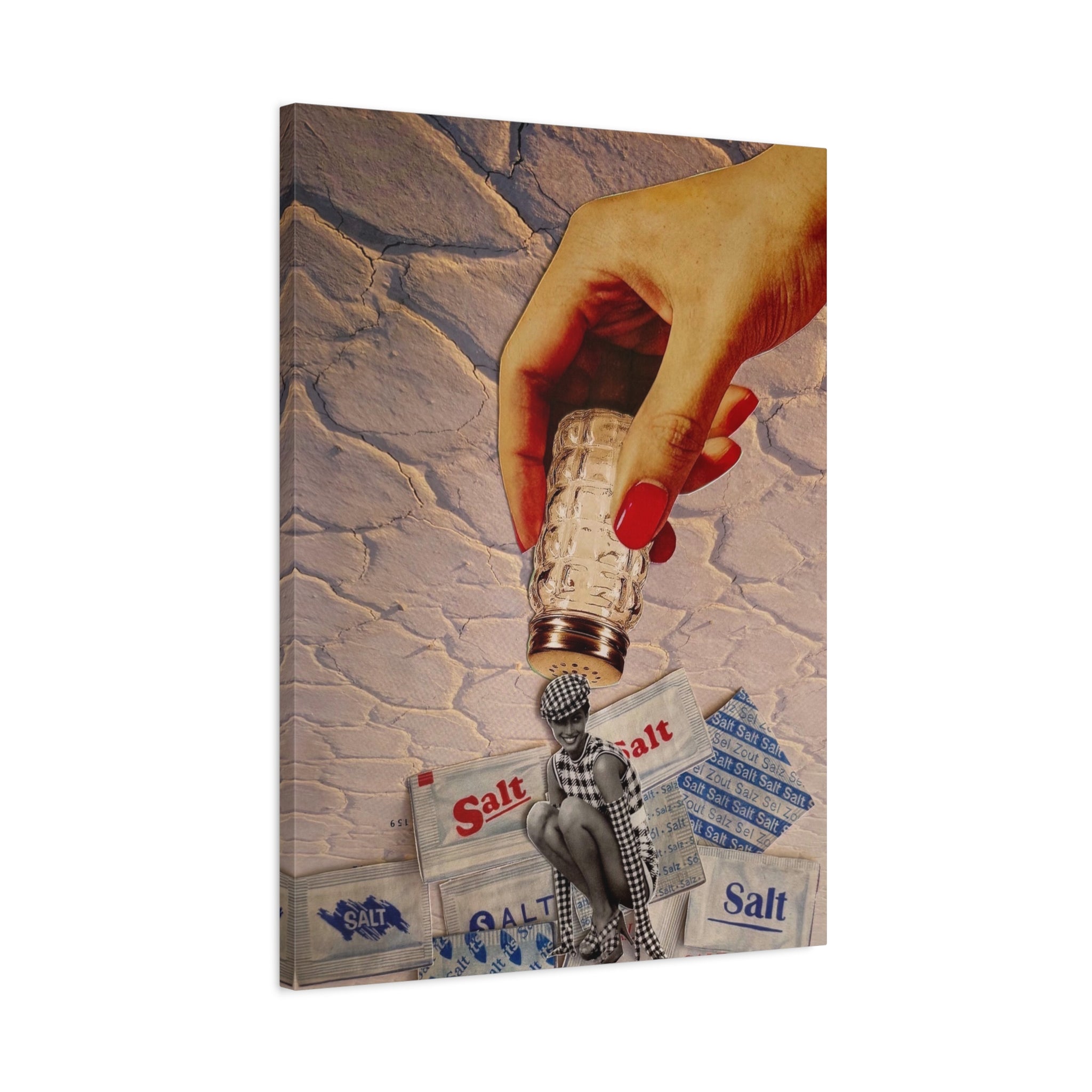 Surreal Salt Shower Canvas Art — Vintage Hand, Pin-Up Figure & Salt Pack Collage