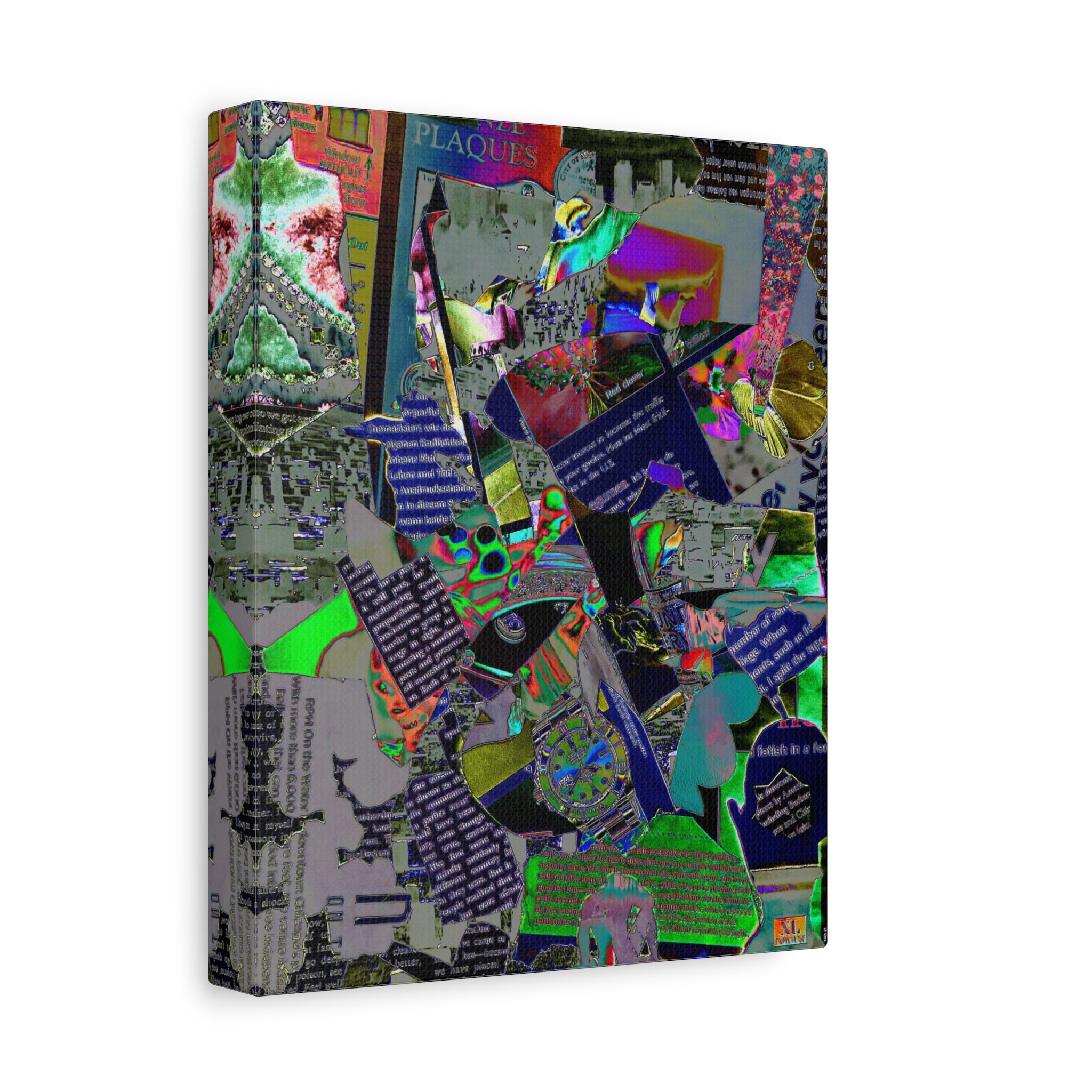 Abstract Collage Matte Canvas Print — Neon Newspaper Mixed-Media Art (Stretched 1.25")