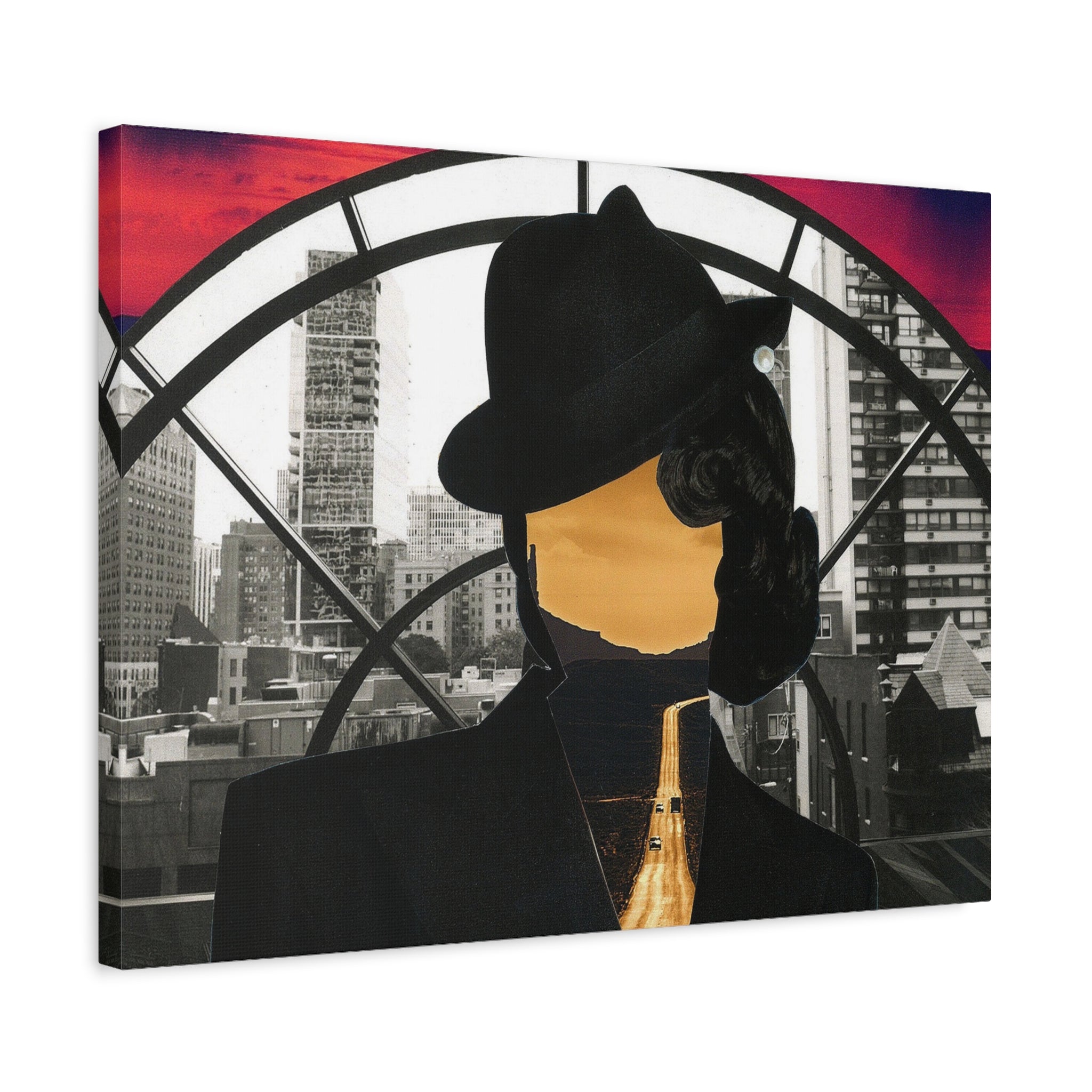 Surreal Cityscape Canvas Art — Faceless Figure with Sunset Road