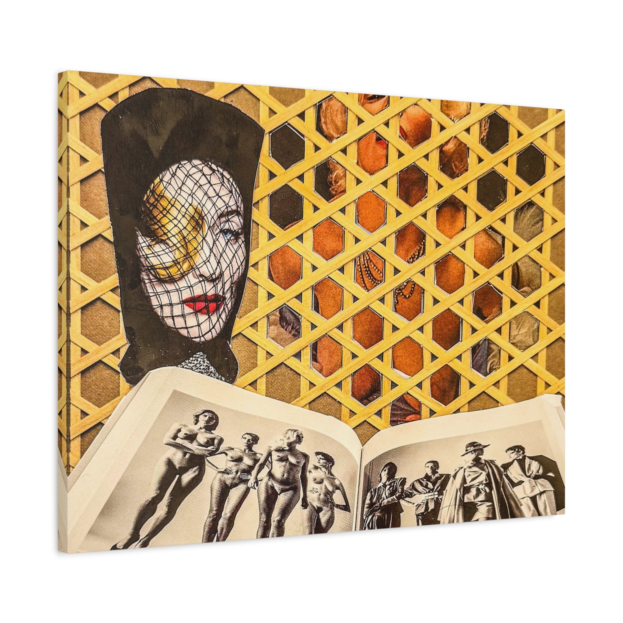 Surreal Collage Matte Canvas Wall Art — Masked Face & Vintage Photo Spread