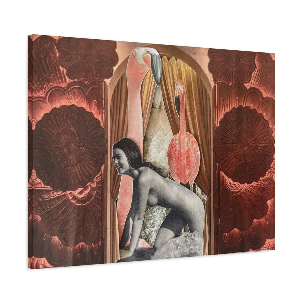 Surreal Flamingo Collage Canvas Art — Retro Nude Figure Wall Print