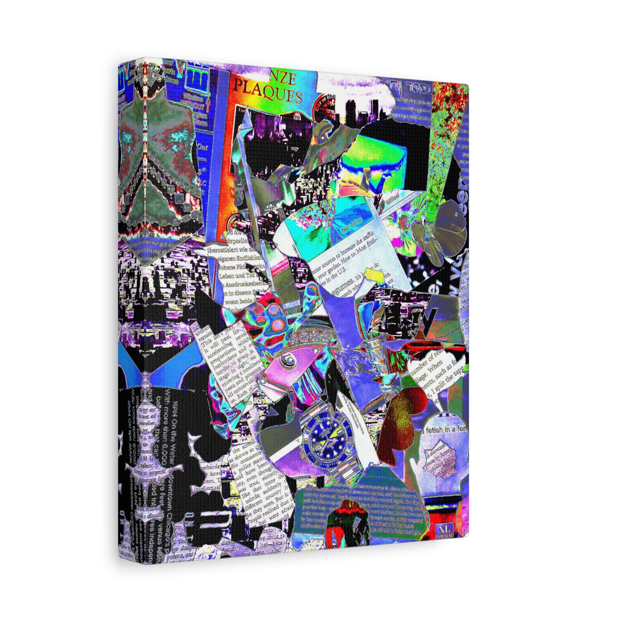 Abstract Collage Matte Canvas Print — Vibrant Glitch Art with Text Elements