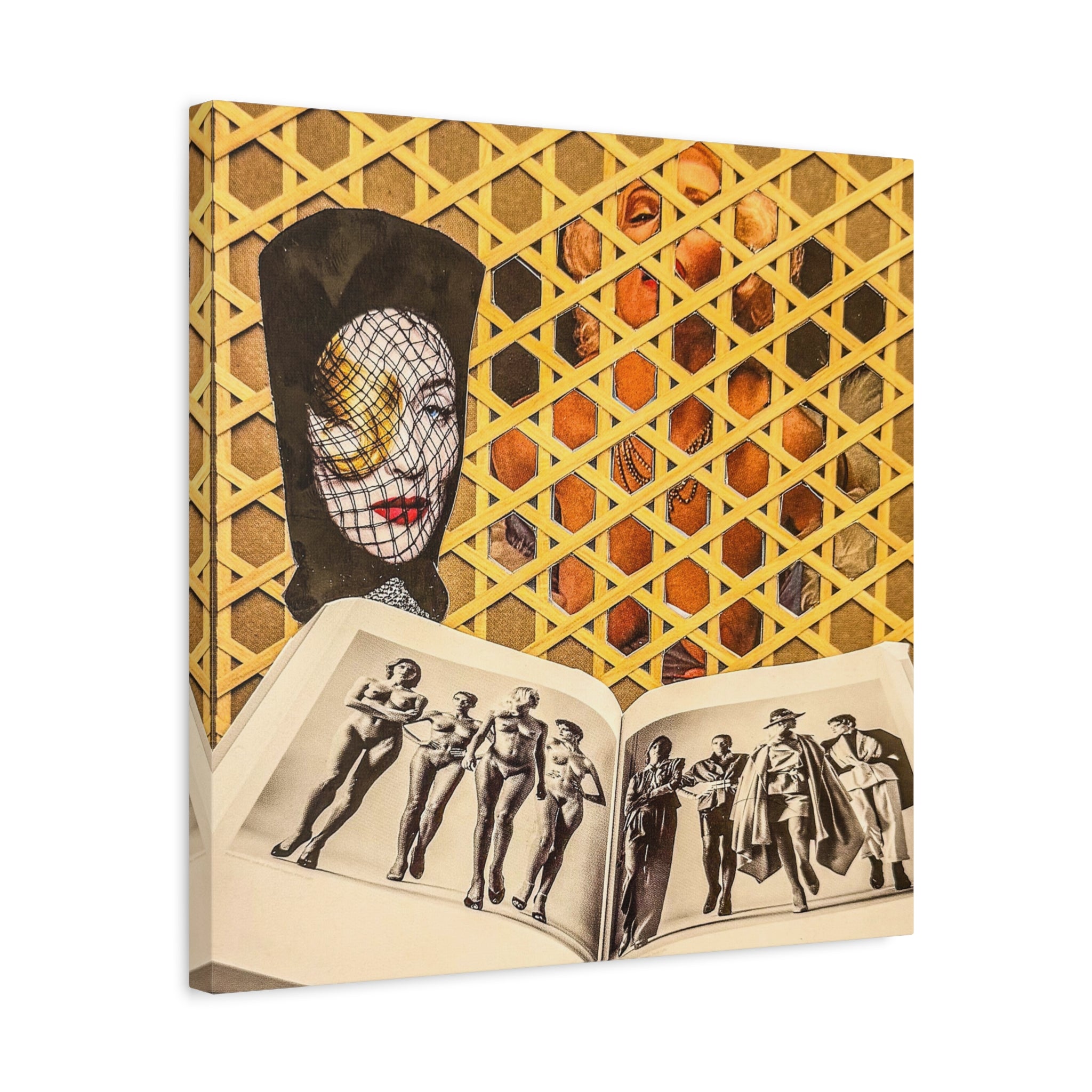 Surreal Collage Matte Canvas Wall Art — Masked Face & Vintage Photo Spread