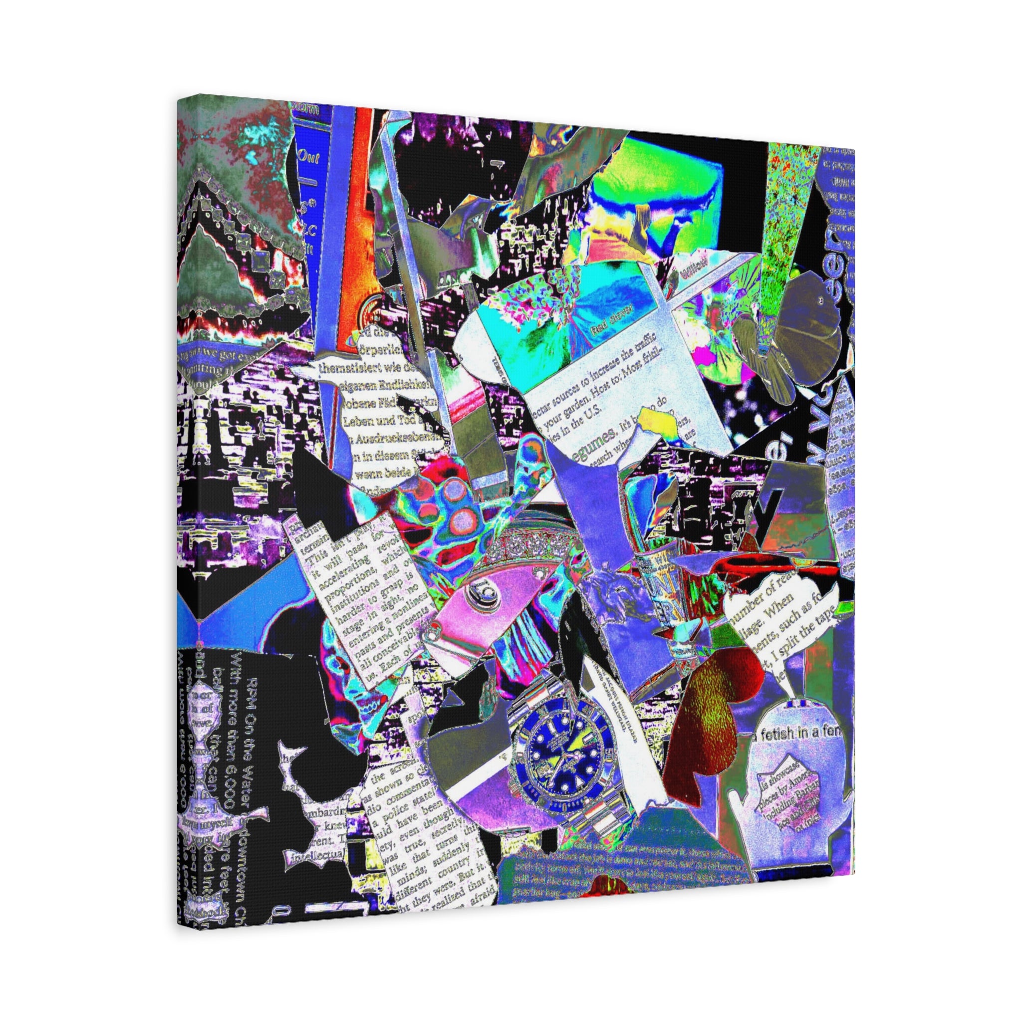 Abstract Collage Matte Canvas Print — Vibrant Glitch Art with Text Elements