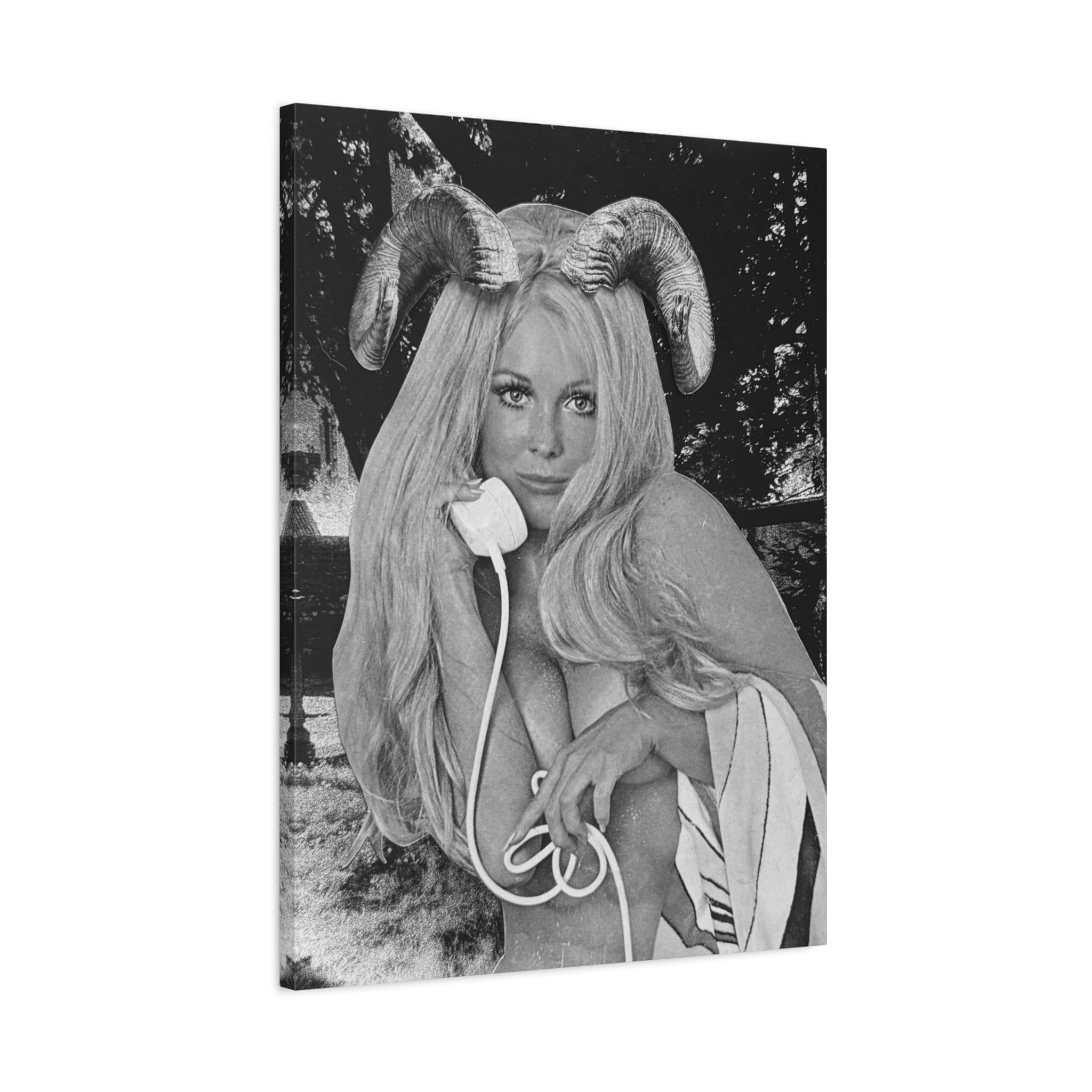 Vintage Pinup Ram Horns Canvas Art — Black & White Matte Stretched Print