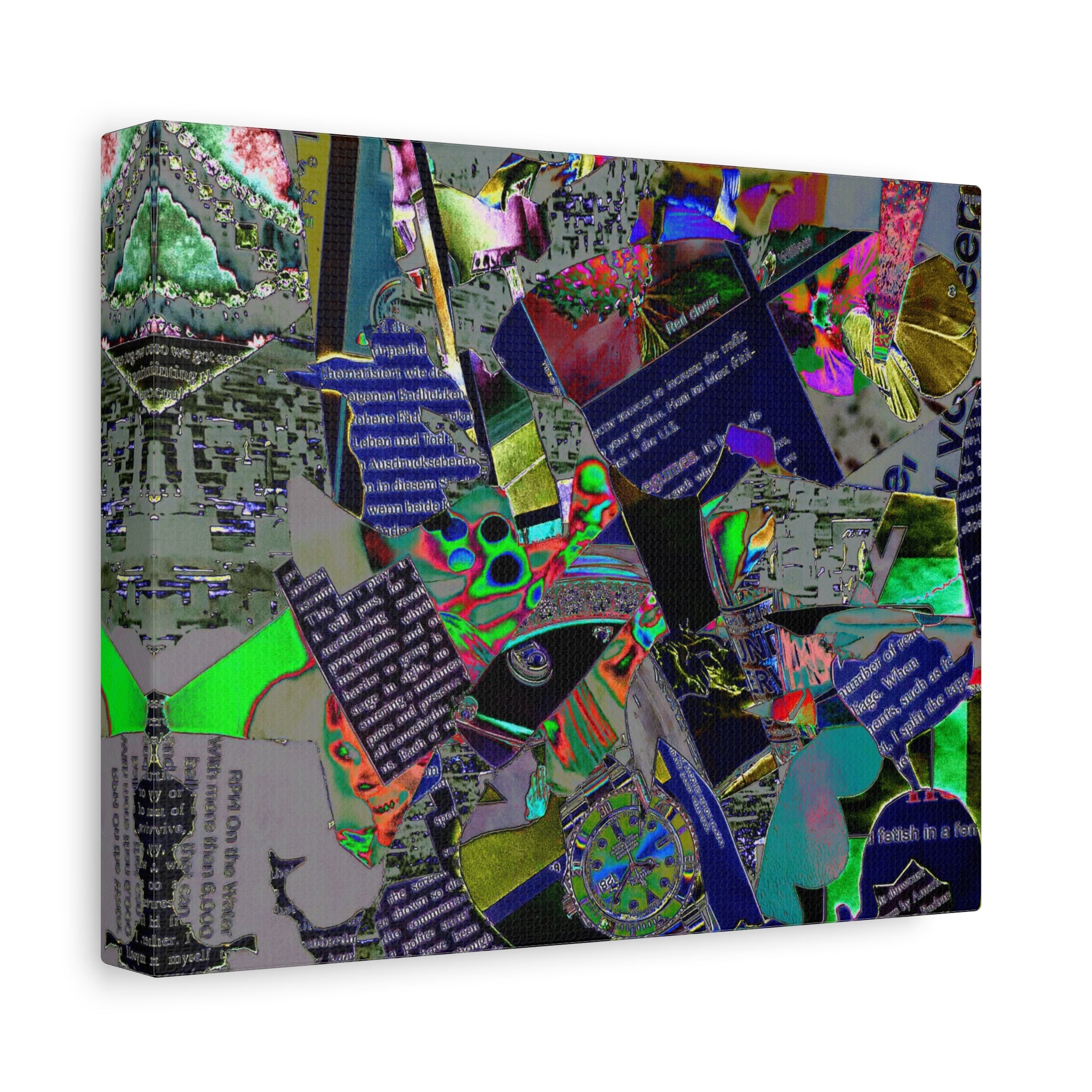 Abstract Collage Matte Canvas Print — Neon Newspaper Mixed-Media Art (Stretched 1.25")