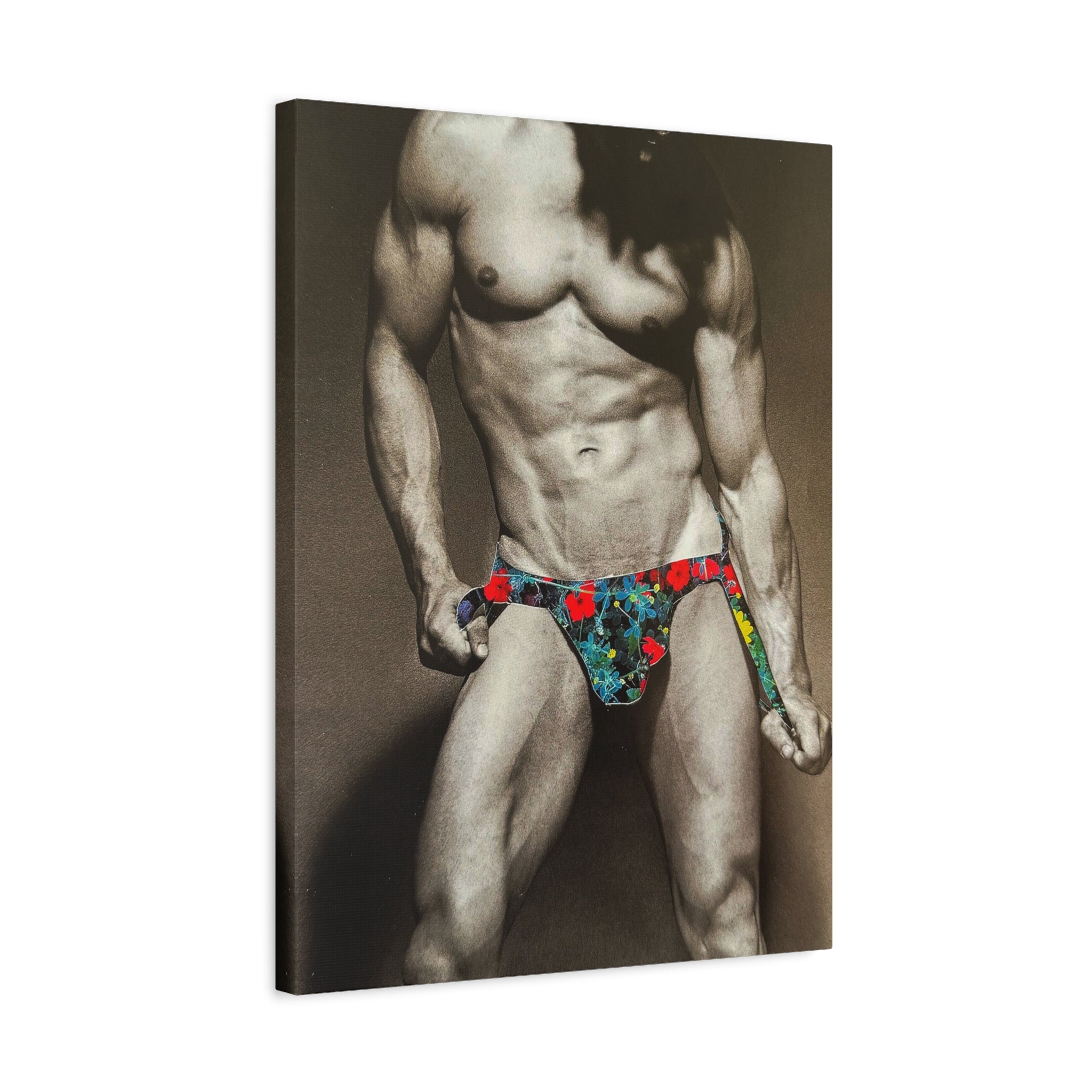 Male Pin-Up Art Canvas Print — Vintage Bodybuilder in Floral Swimwear (Matte Stretched 1.25")