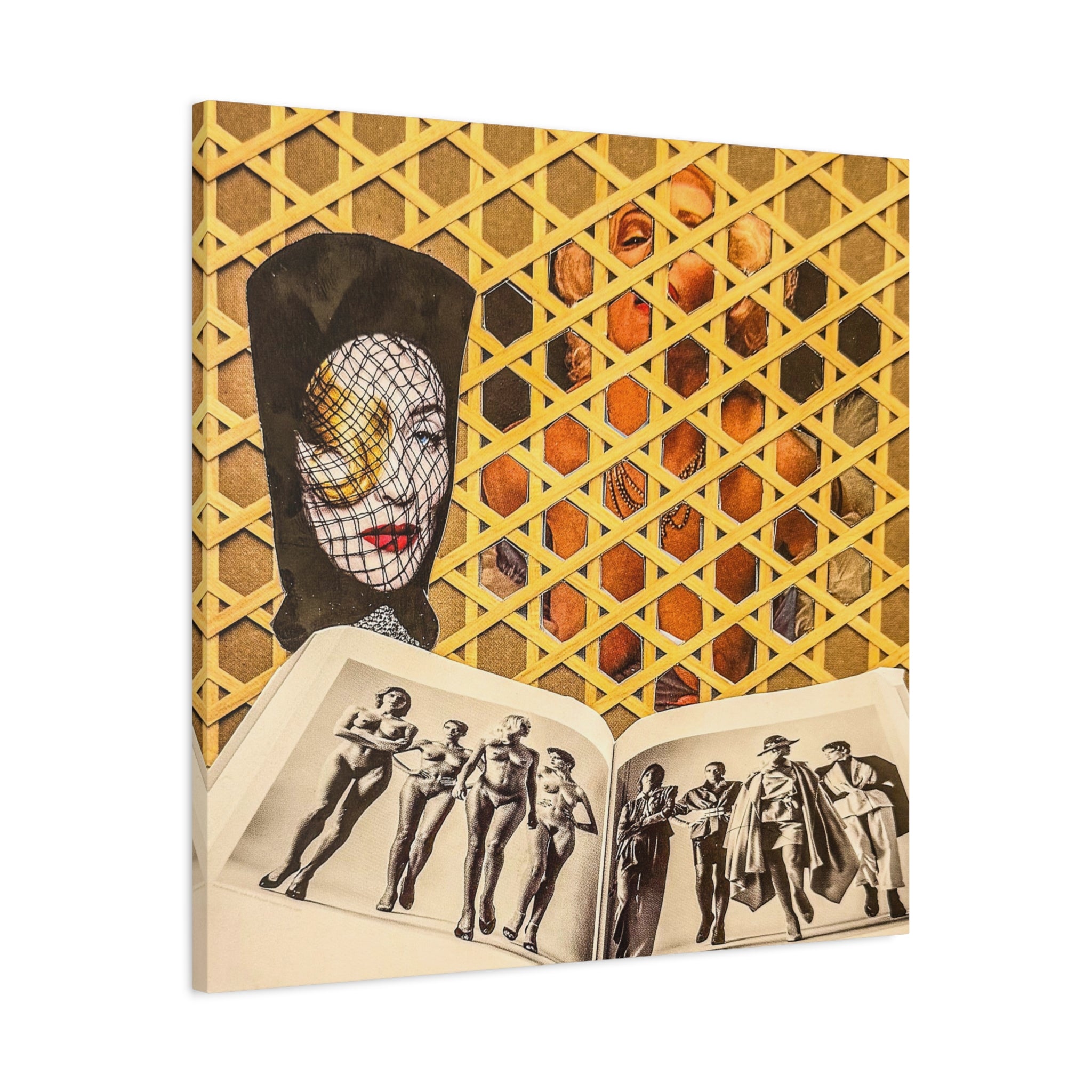 Surreal Collage Matte Canvas Wall Art — Masked Face & Vintage Photo Spread