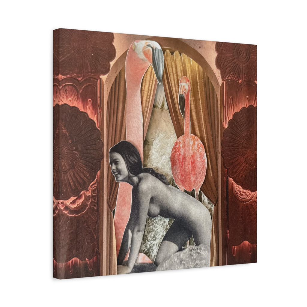 Surreal Flamingo Collage Canvas Art — Retro Nude Figure Wall Print