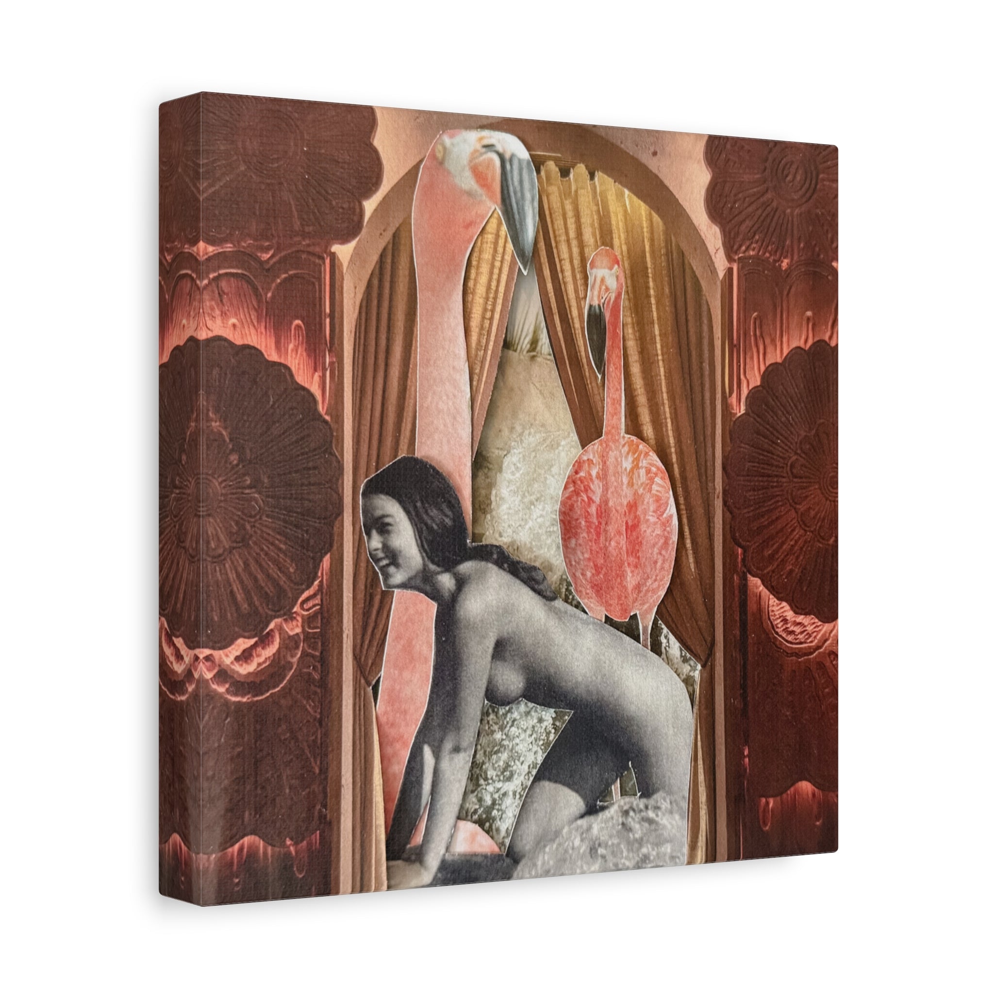 Surreal Flamingo Collage Canvas Art — Retro Nude Figure Wall Print