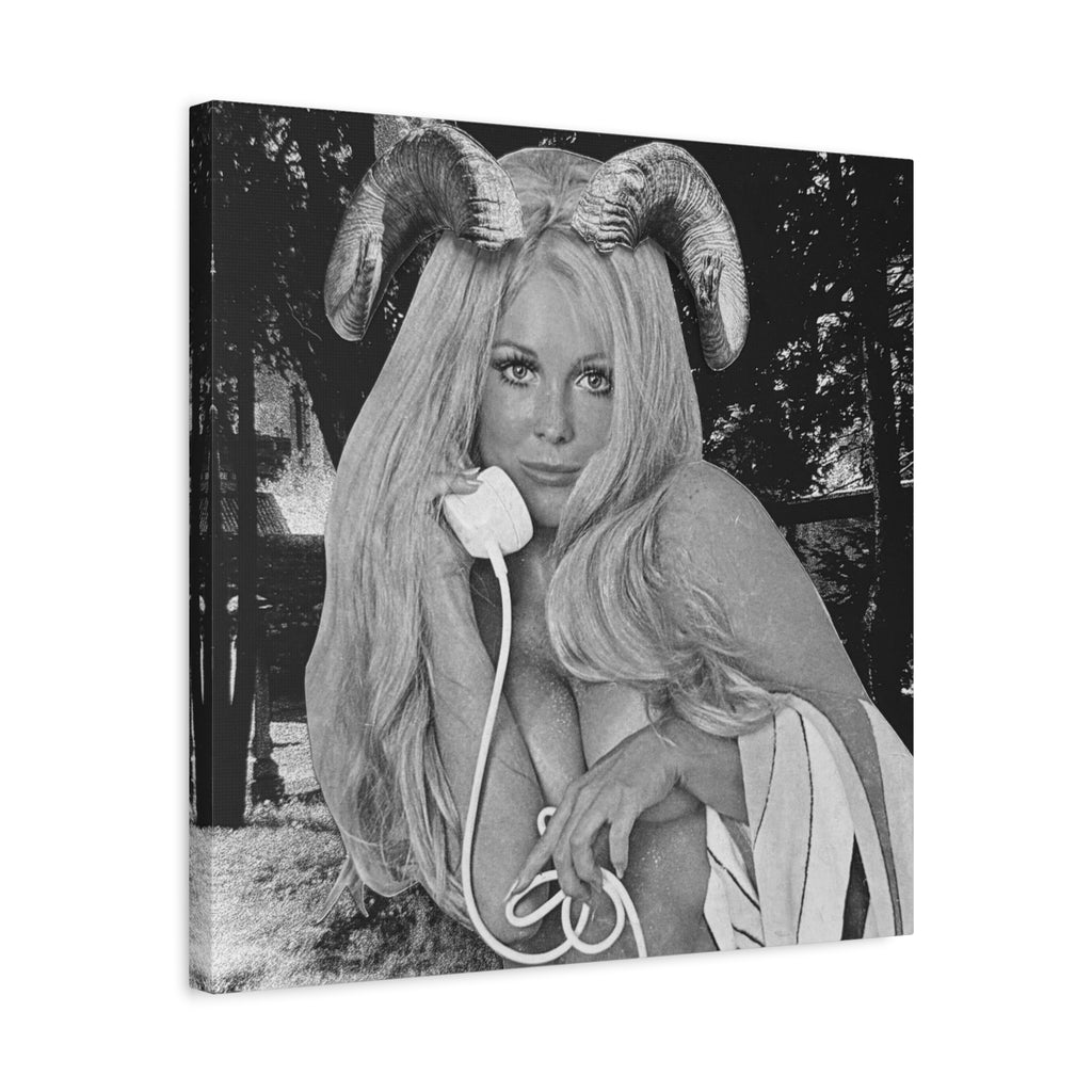 Vintage Pinup Ram Horns Canvas Art — Black & White Matte Stretched Print