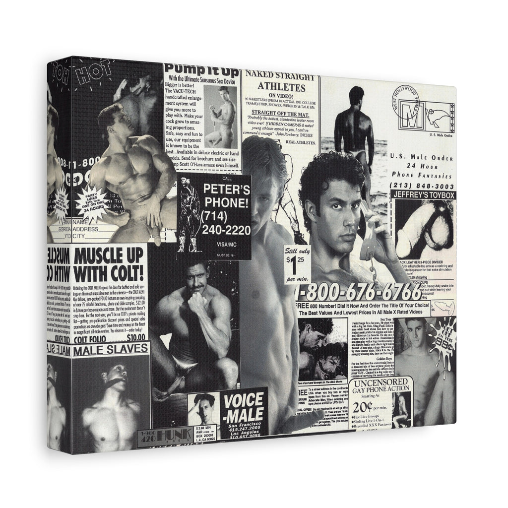 Vintage Male Ads Collage Matte Canvas Print — Retro Gym & Pinup Wall Art
