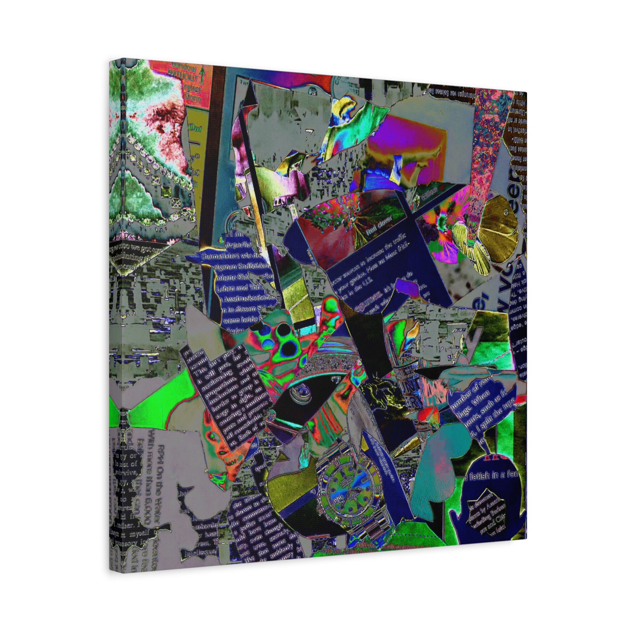 Abstract Collage Matte Canvas Print — Neon Newspaper Mixed-Media Art (Stretched 1.25")