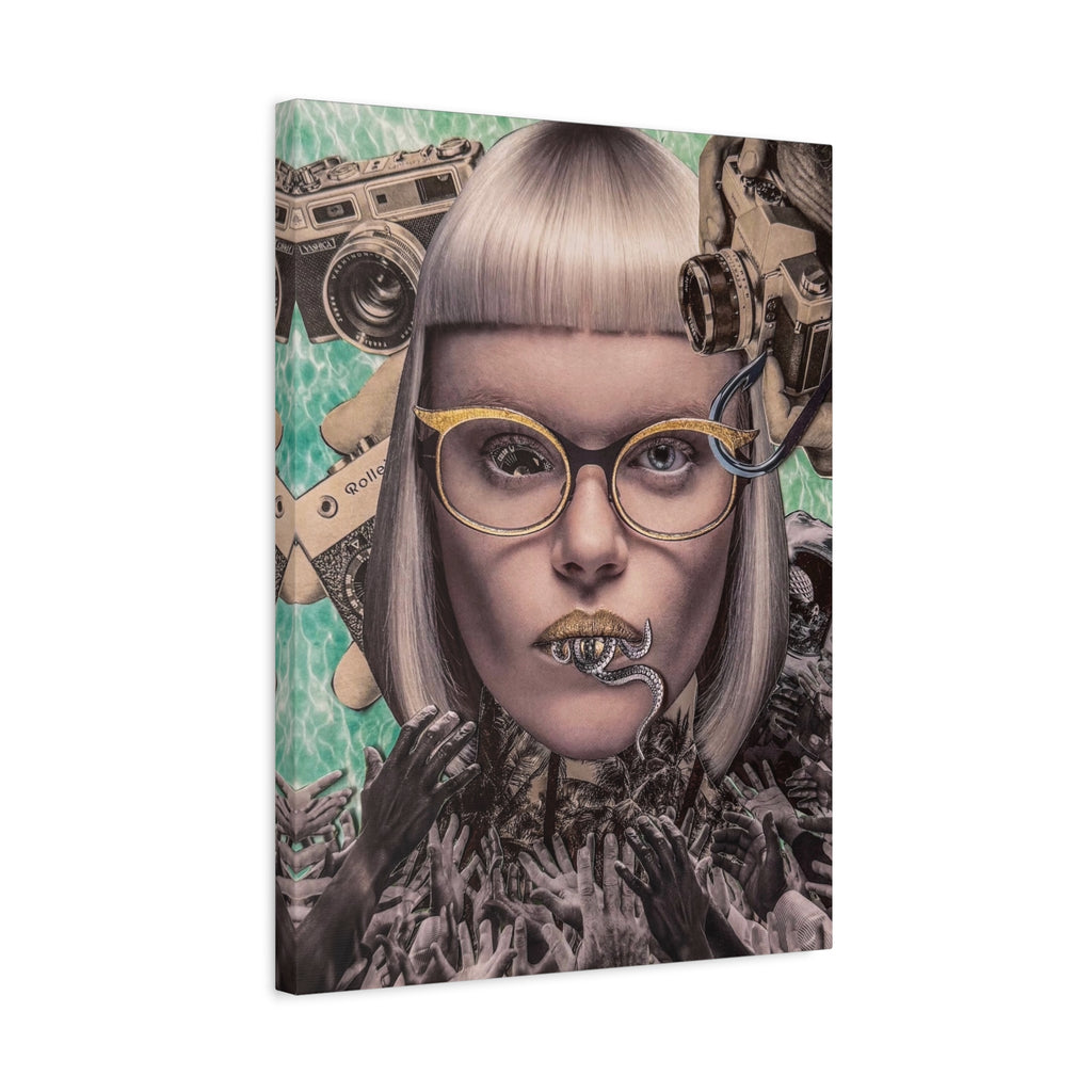 Surreal Portrait Canvas Art — Retro Camera & Golden Glasses