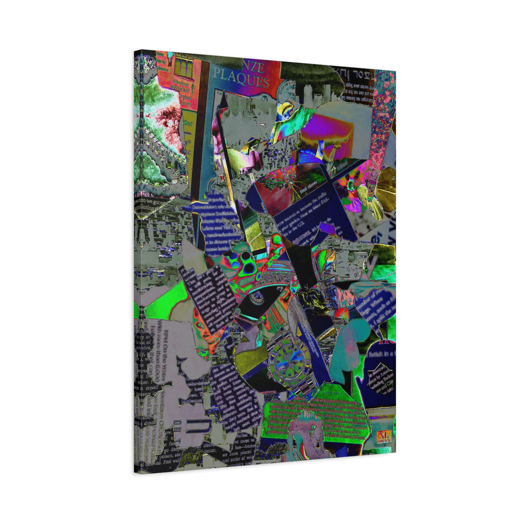 Abstract Collage Matte Canvas Print — Neon Newspaper Mixed-Media Art (Stretched 1.25")
