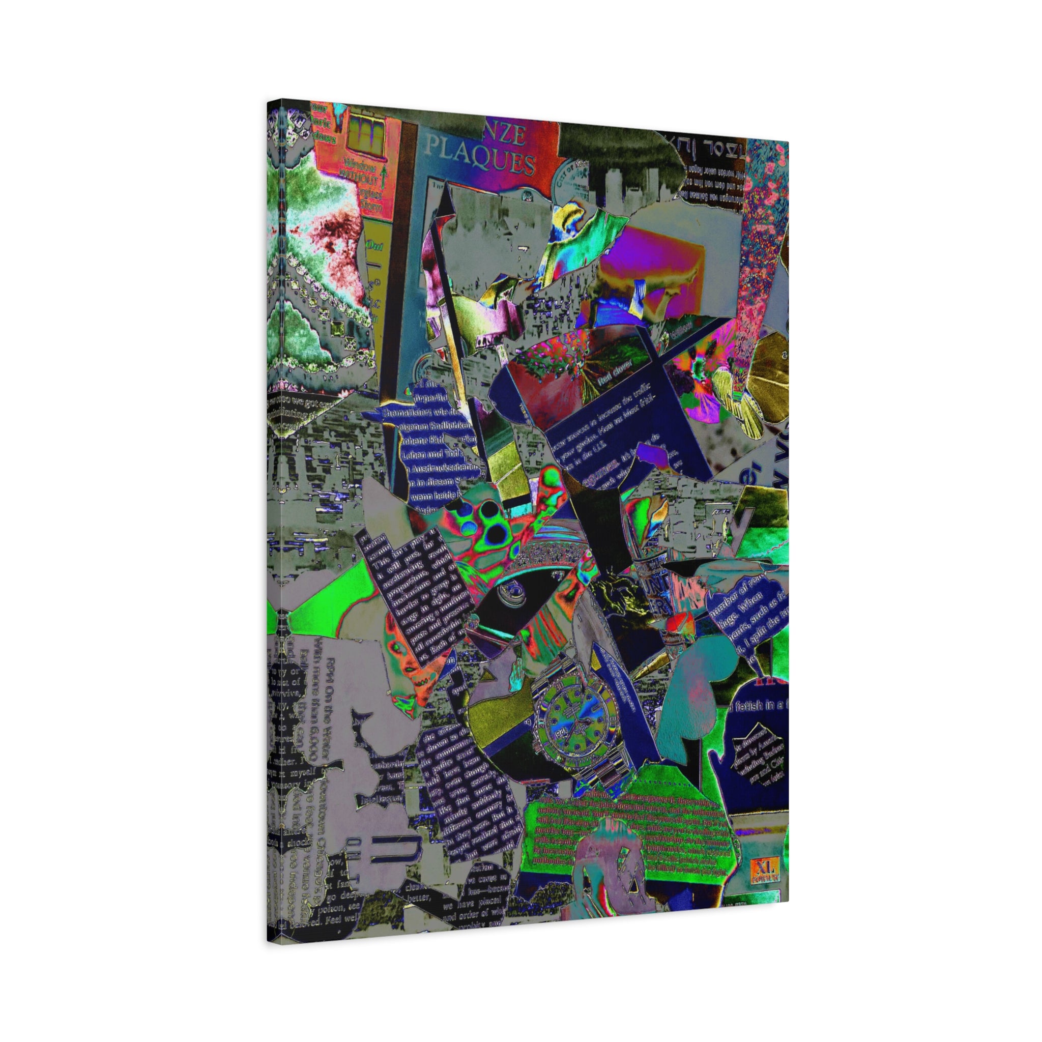 Abstract Collage Matte Canvas Print — Neon Newspaper Mixed-Media Art (Stretched 1.25")