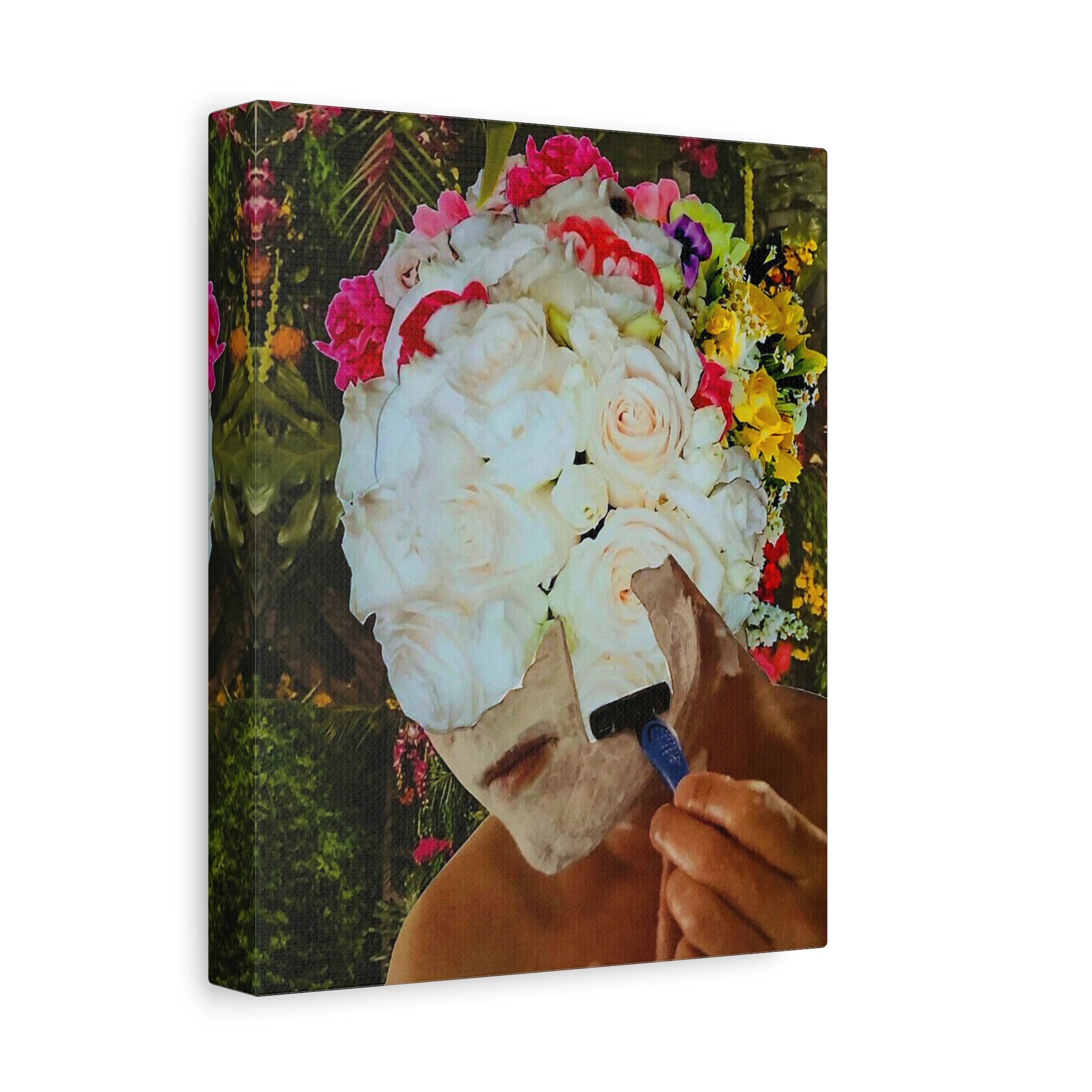Floral Face Canvas Art — Surreal Bouquet Portrait on Matte Stretched Canvas