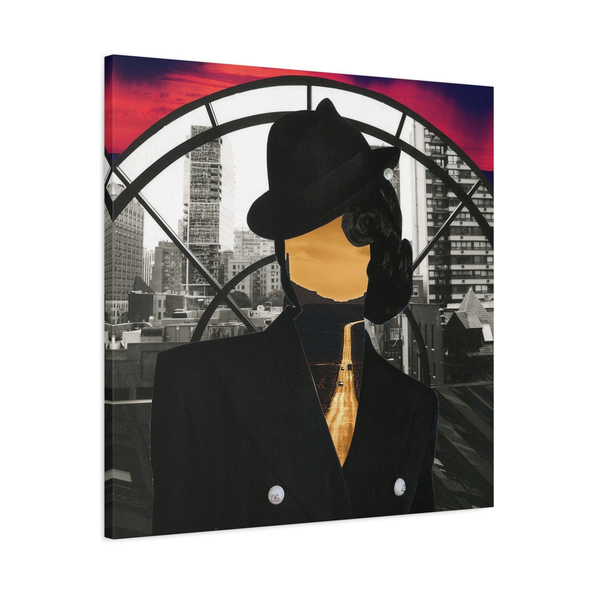 Surreal Cityscape Canvas Art — Faceless Figure with Sunset Road