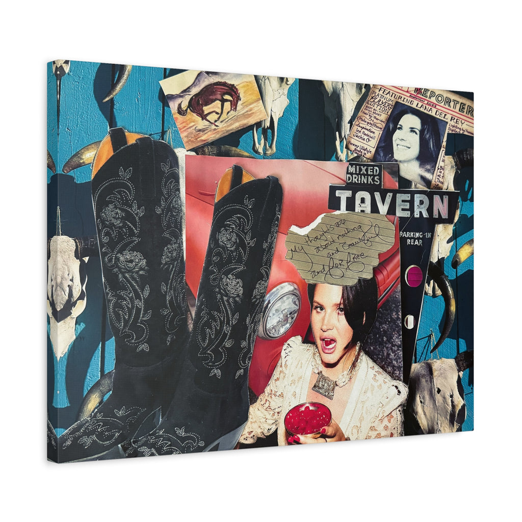 Vintage Pop Collage Canvas Art — Retro Tavern, Cowboy Boots & Iconic Portraits