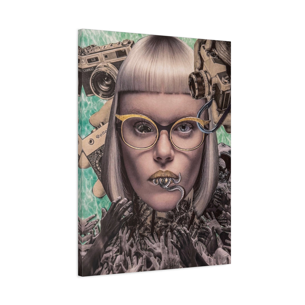 Surreal Portrait Canvas Art — Retro Camera & Golden Glasses