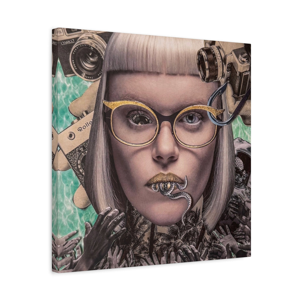 Surreal Portrait Canvas Art — Retro Camera & Golden Glasses