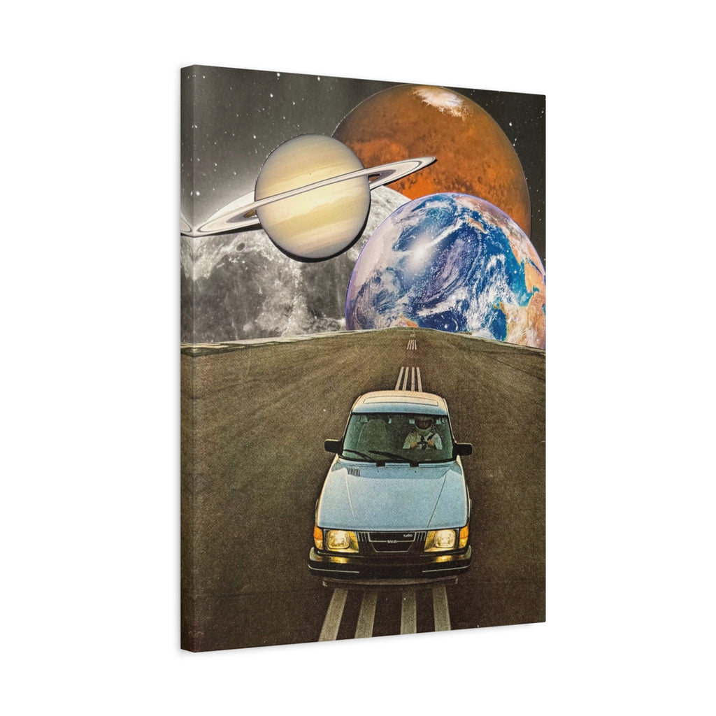 Surreal Road Trip Space Canvas — Van, Planets & Moon Wall Art