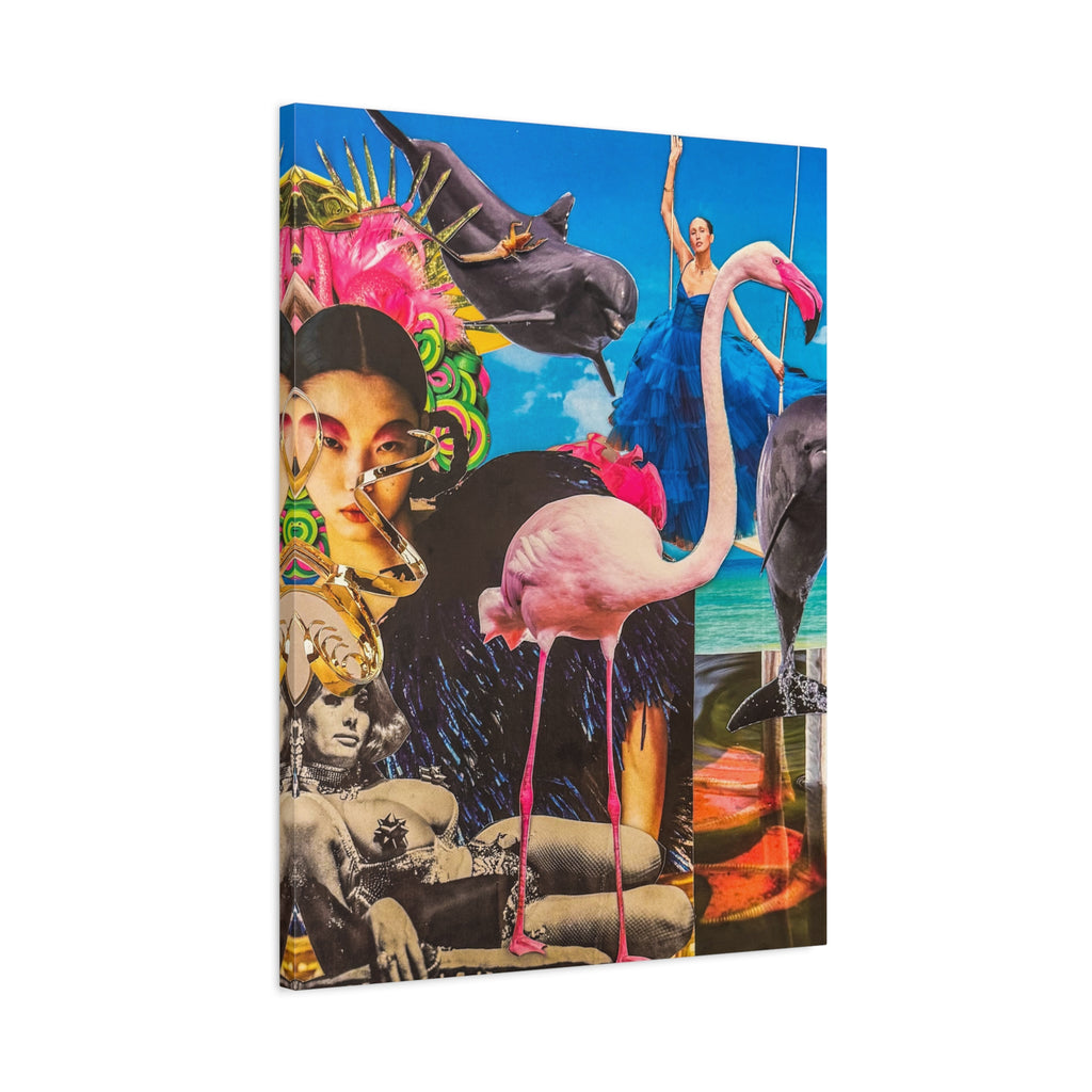 Surreal Tropical Collage Canvas Print — Flamingo & Retro Portrait Wall Art